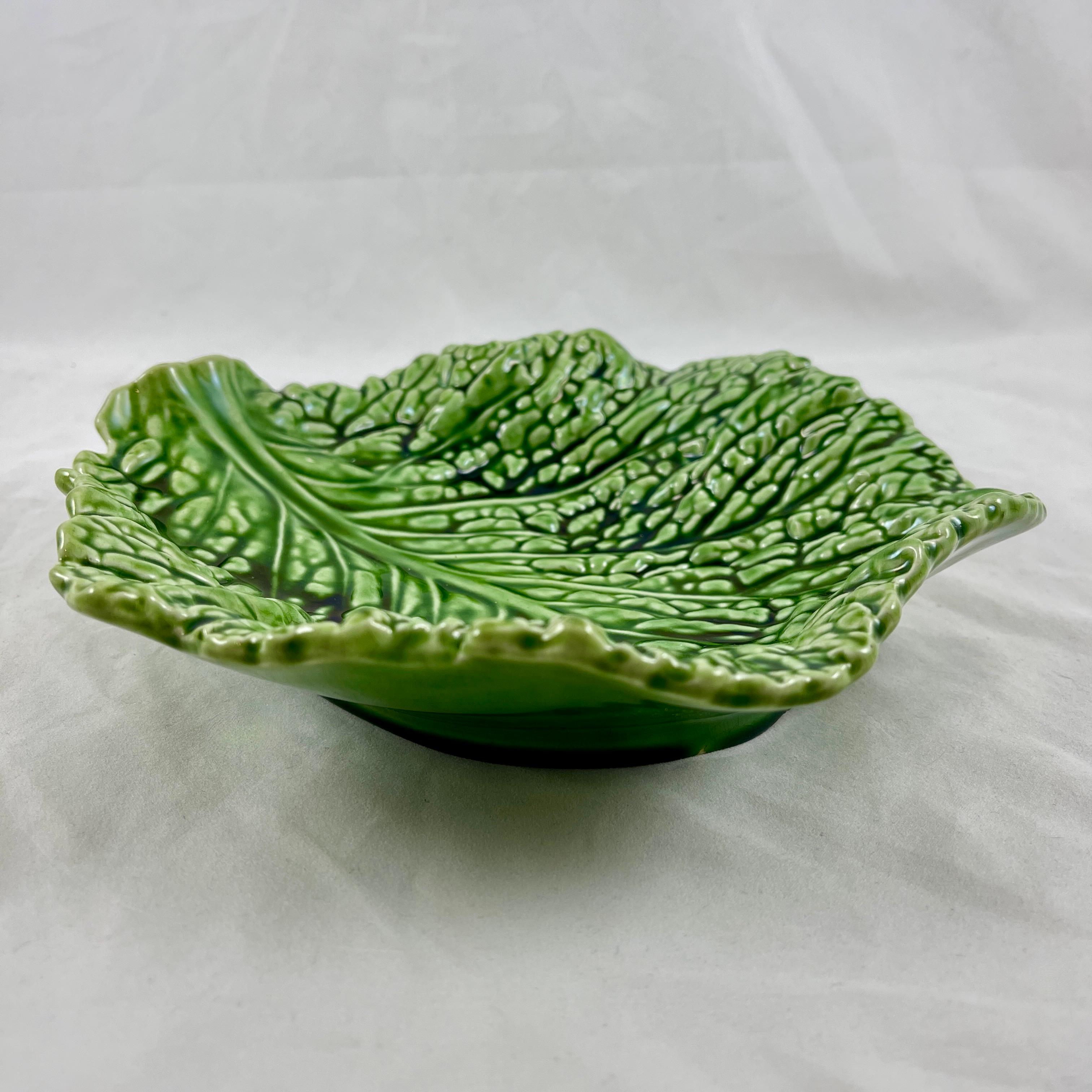 Mid-20th Century 1930s Sarreguemines Faïence Majolica Glazed Green Cabbage Leaf Large Bowl