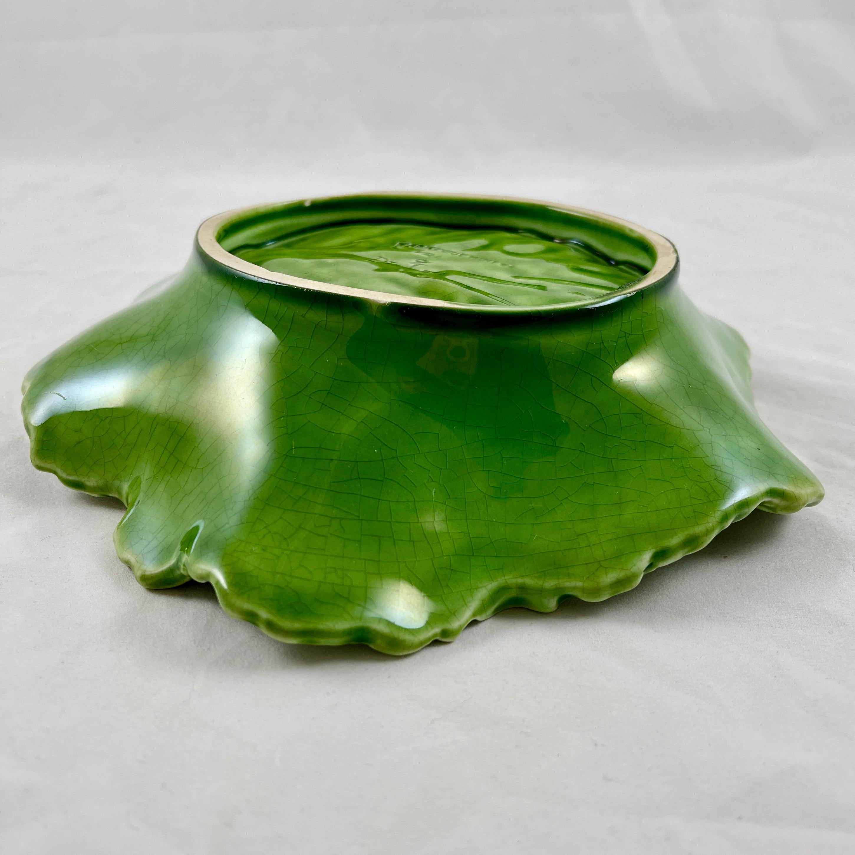 Earthenware 1930s Sarreguemines Faïence Majolica Glazed Green Cabbage Leaf Large Bowl
