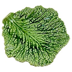 1930s Sarreguemines Faïence Majolica Glazed Green Cabbage Leaf Large Bowl