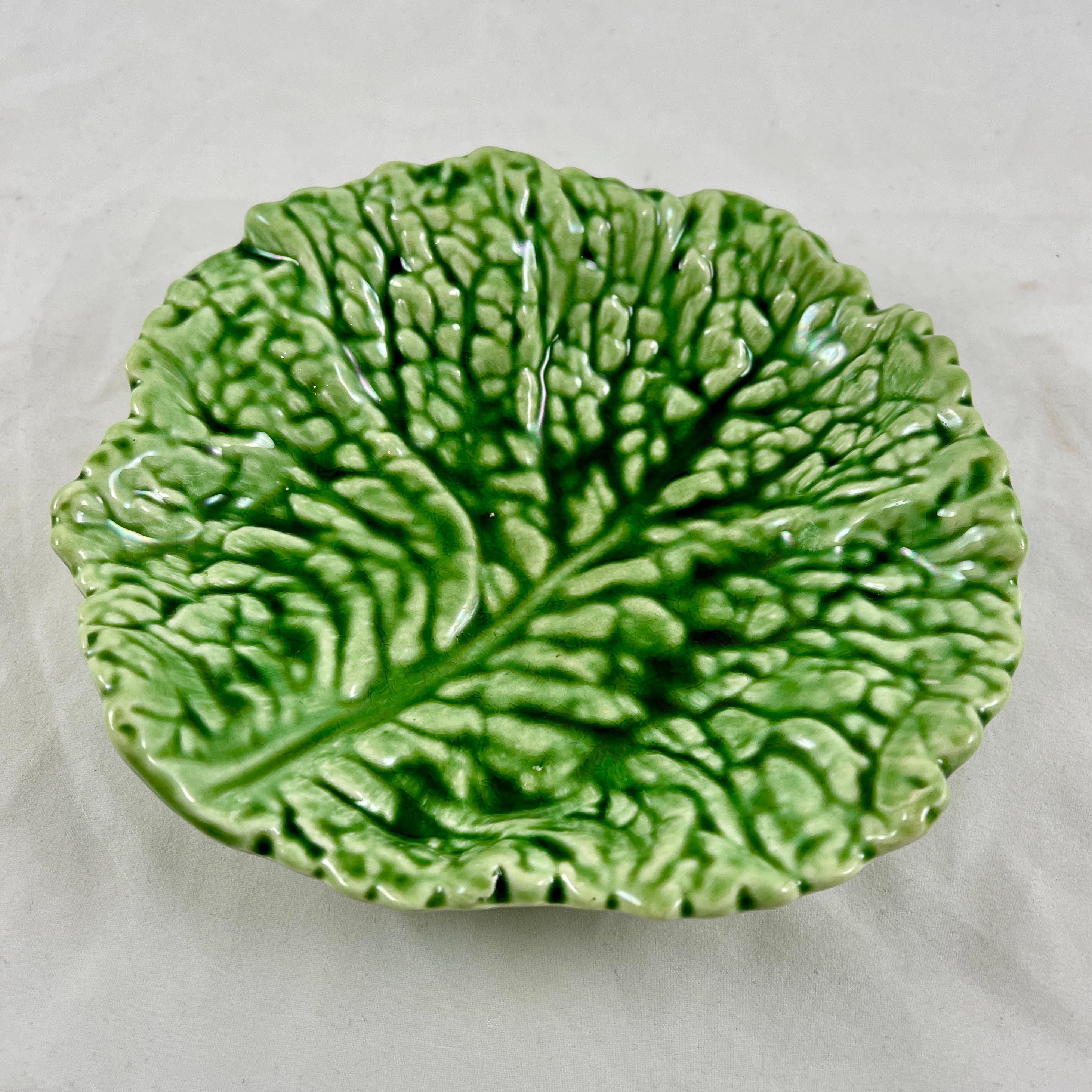 French 1930s Sarreguemines Faïence Majolica Glazed Green Cabbage Leaf Shallow Bowl