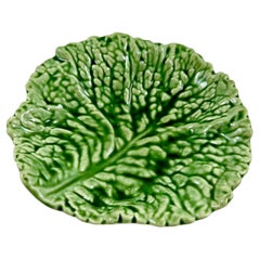 1930s Sarreguemines Faïence Majolica Glazed Green Cabbage Leaf Shallow Bowl