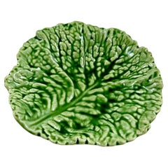 1930s Sarreguemines Faïence Majolica Glazed Green Cabbage Leaf Shallow Bowl