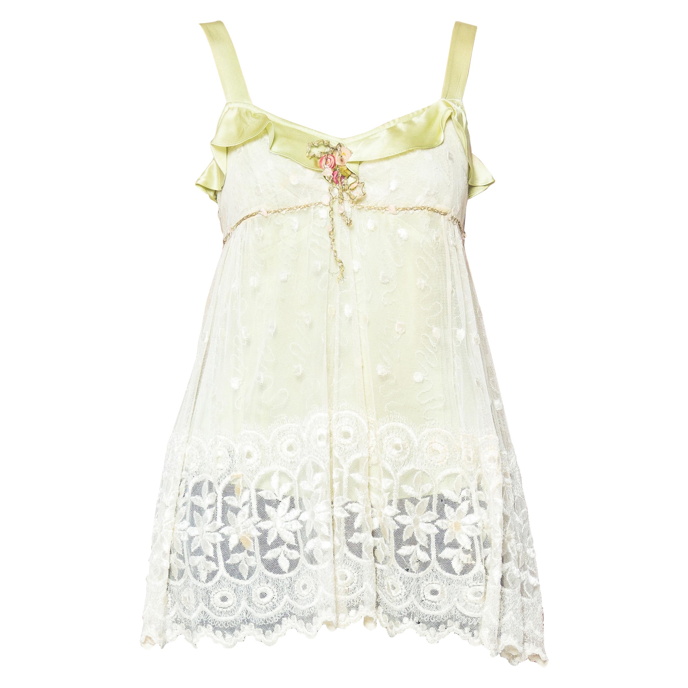 1930S Mint Green Silk & Lace Ruffled Romantic  Camisole