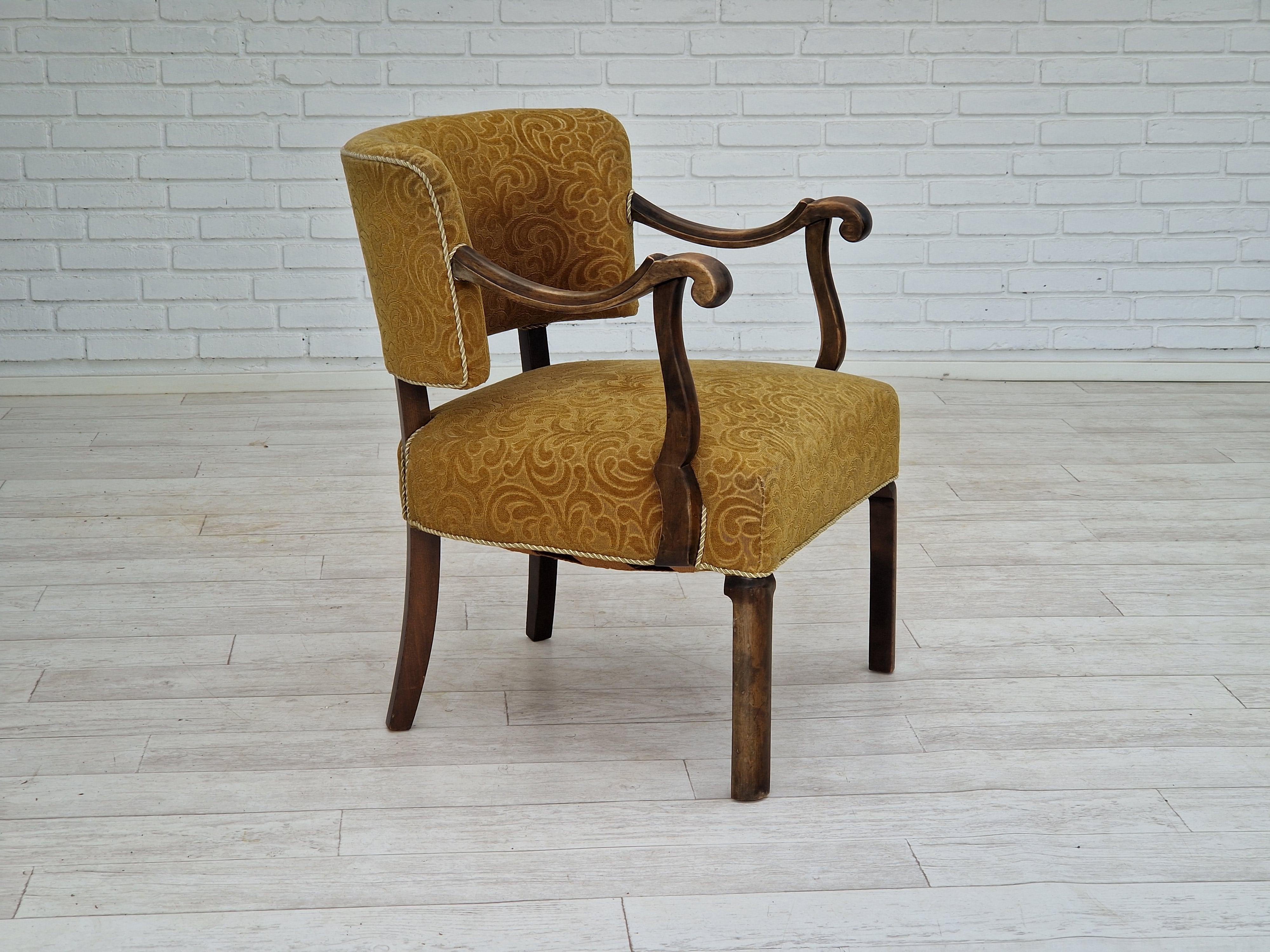Scandinavian Modern 1930s, Scandinavian design, armchair in green furniture fabric, ash wood. For Sale