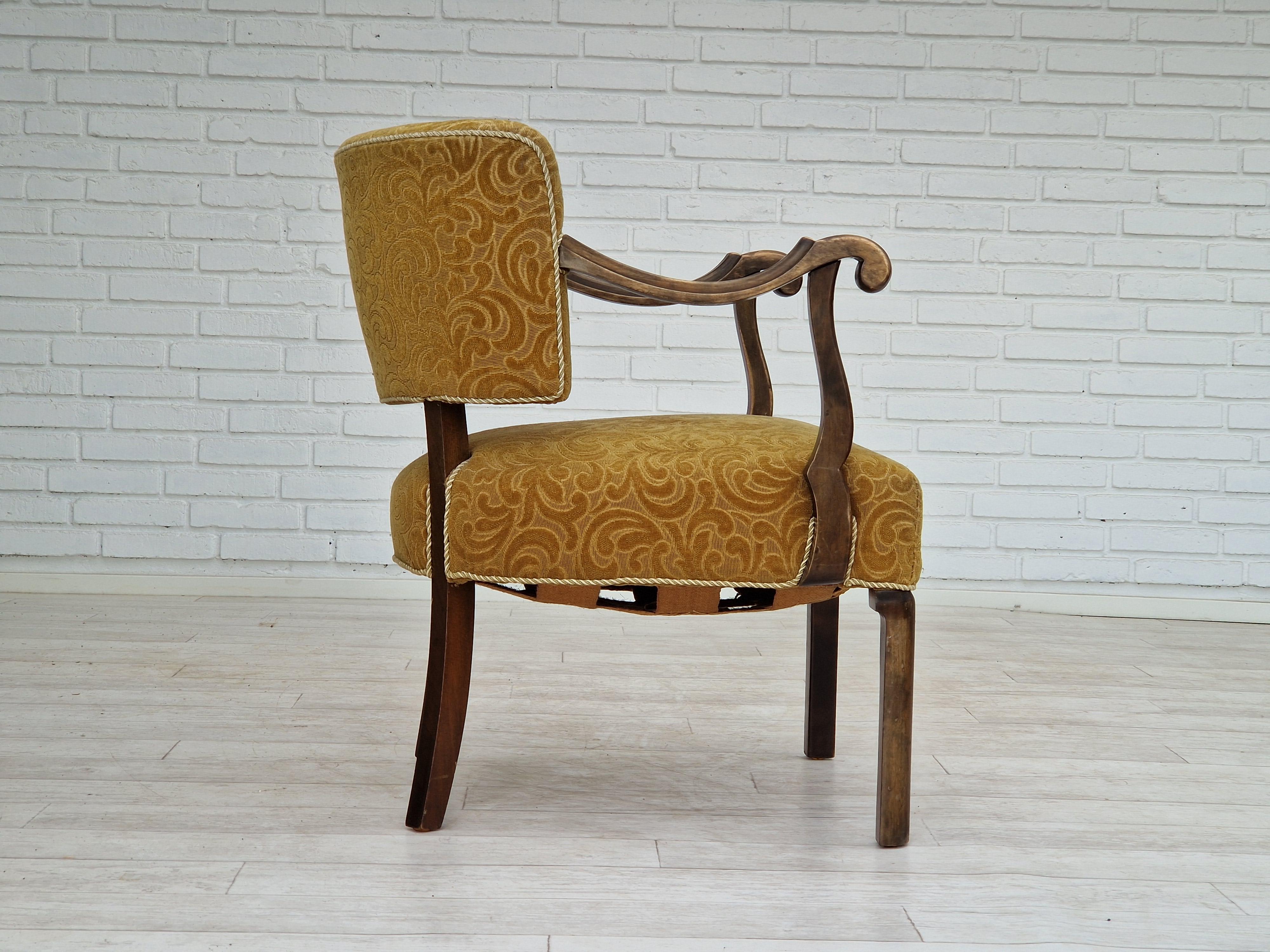 Fabric 1930s, Scandinavian design, armchair in green furniture fabric, ash wood. For Sale