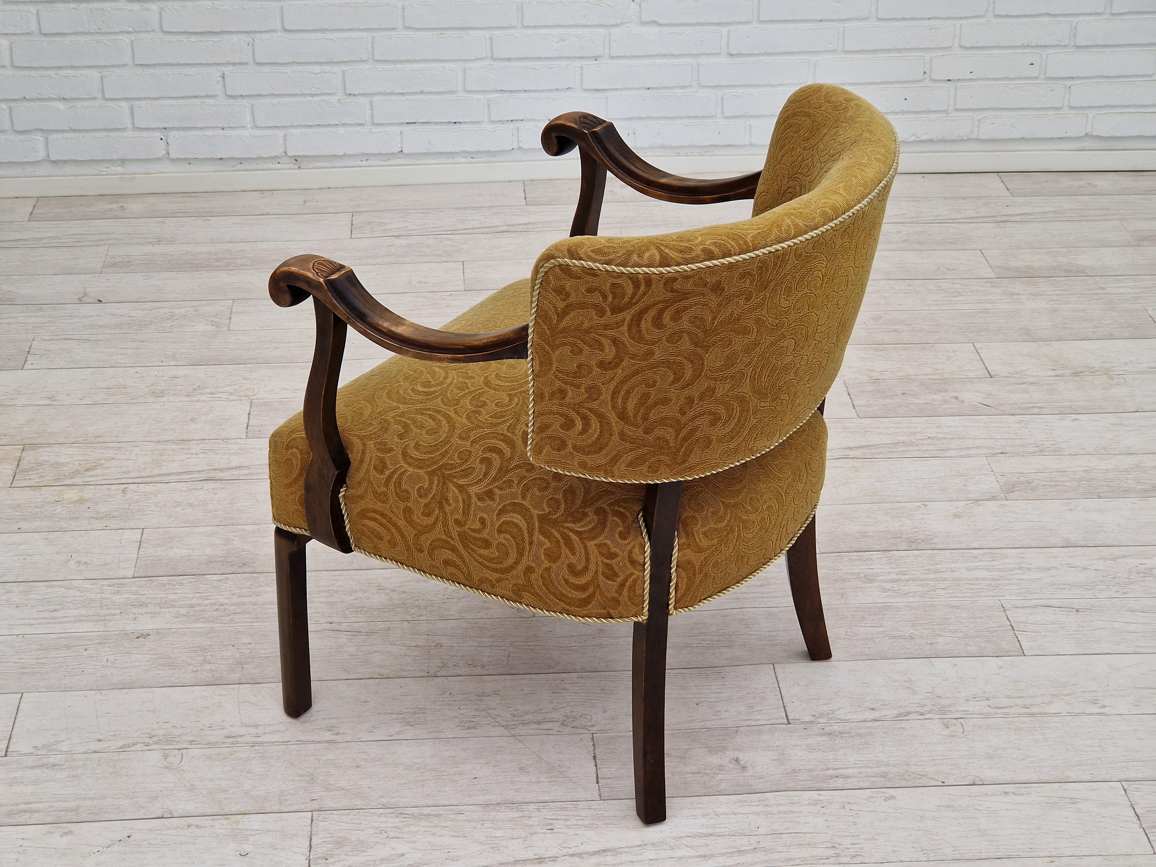 1930s, Scandinavian design, armchair in green furniture fabric, ash wood. For Sale 2