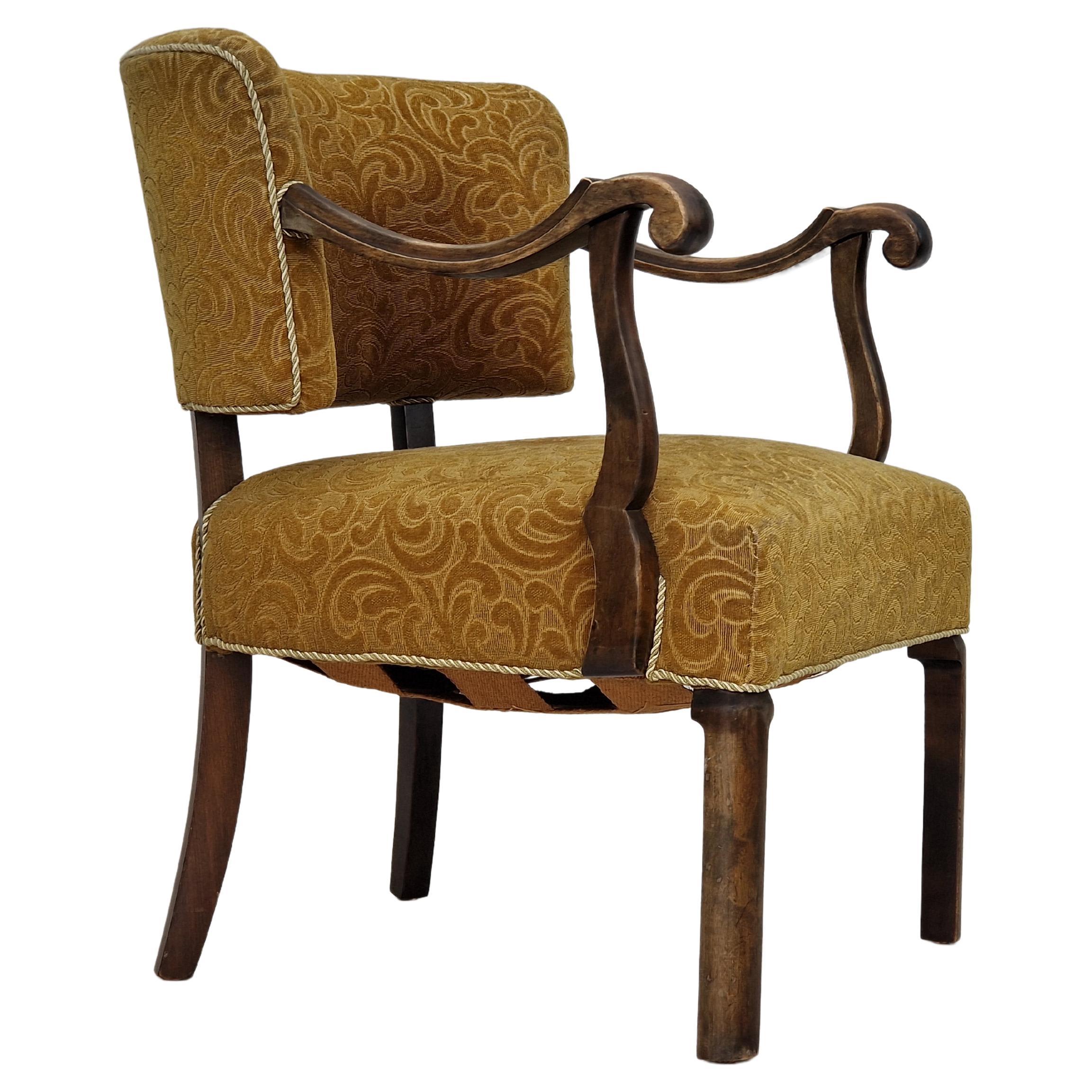 1930s, Scandinavian design, armchair in green furniture fabric, ash wood.