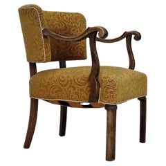 Vintage 1930s, Scandinavian design, armchair in green furniture fabric, ash wood.
