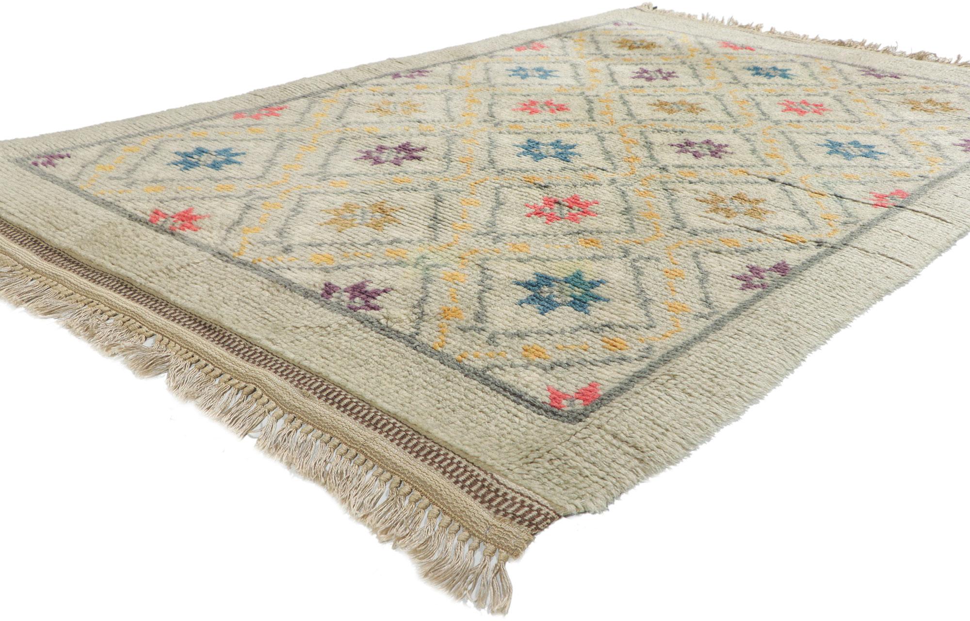 78509 Vintage Swedish Rya Rug, 04'04 x 06'06
Emanating Scandinavian Modern style with incredible detail and texture, this hand knotted Swedish rya rug is a captivating vision of woven beauty. The eye-catching lozenge lattice and happy color palette