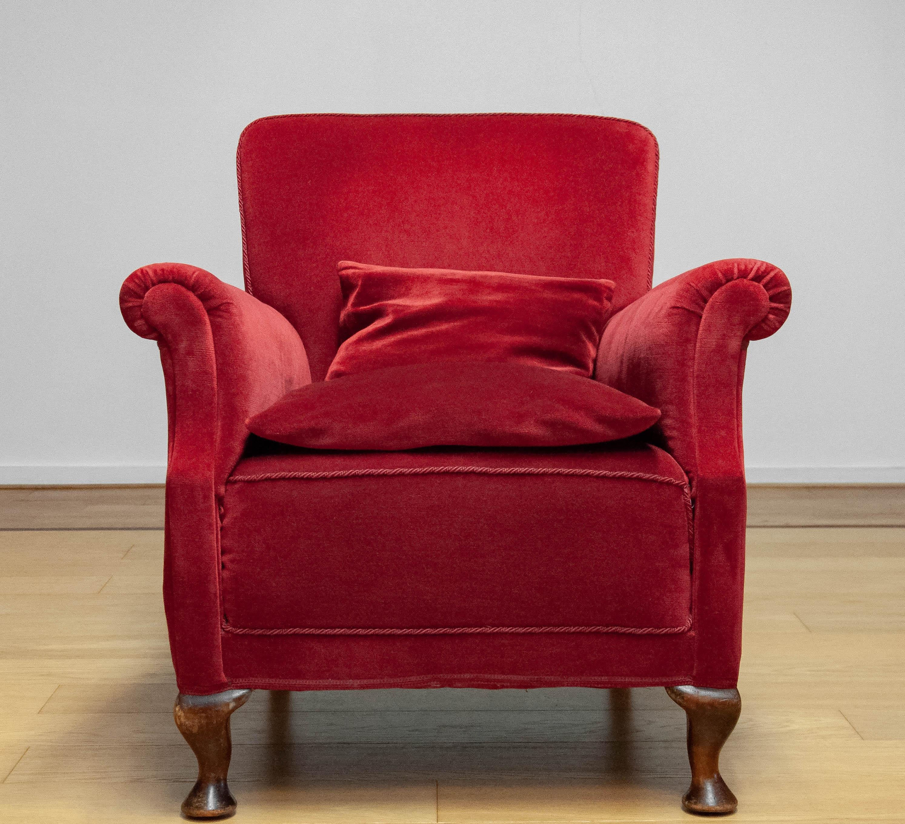 Biedermeier 1930s Scandinavian Wine Red Velvet / Velours Lounge Chair Made In Denmark For Sale