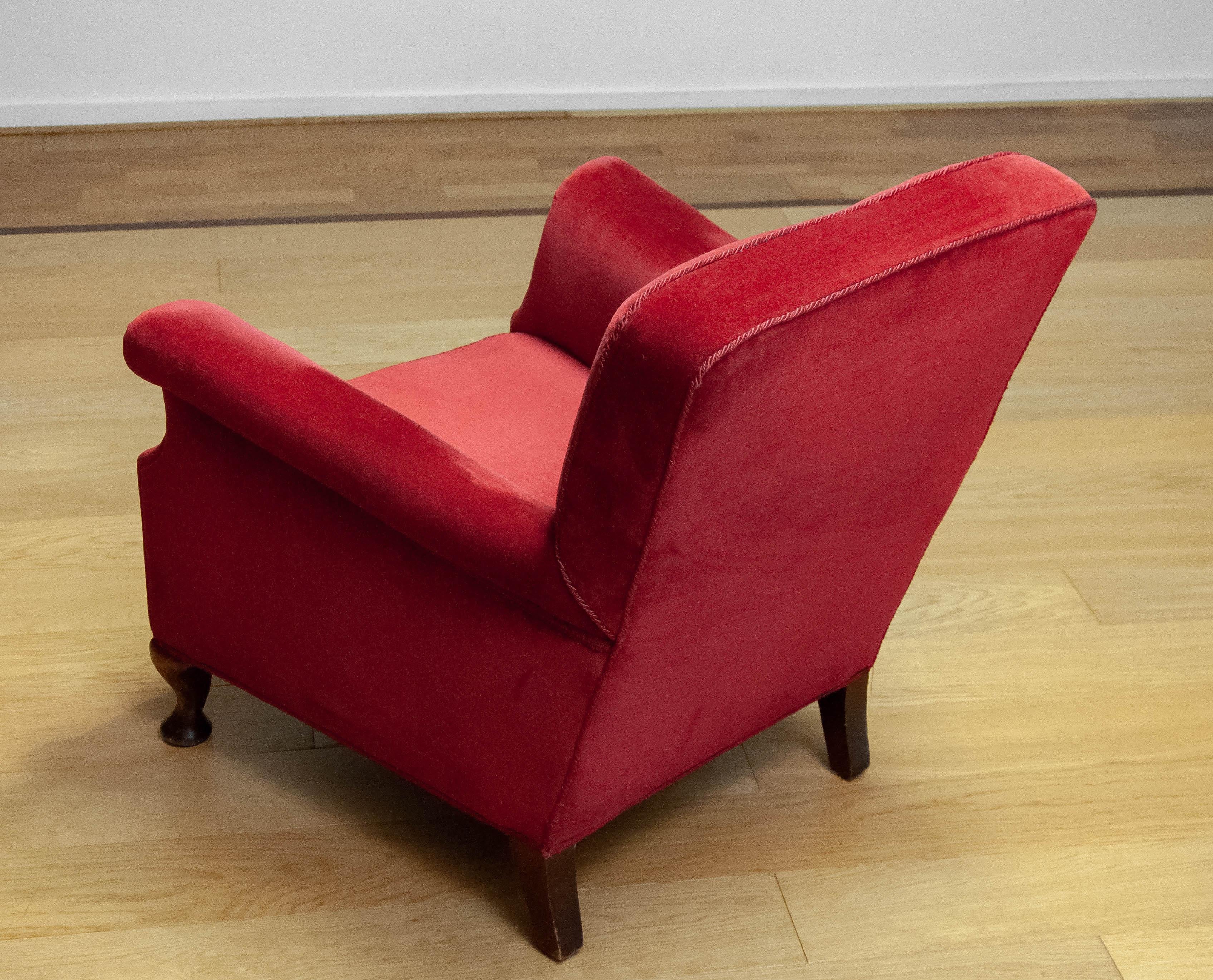 1930s Scandinavian Wine Red Velvet / Velours Lounge Chair Made In Denmark For Sale 1