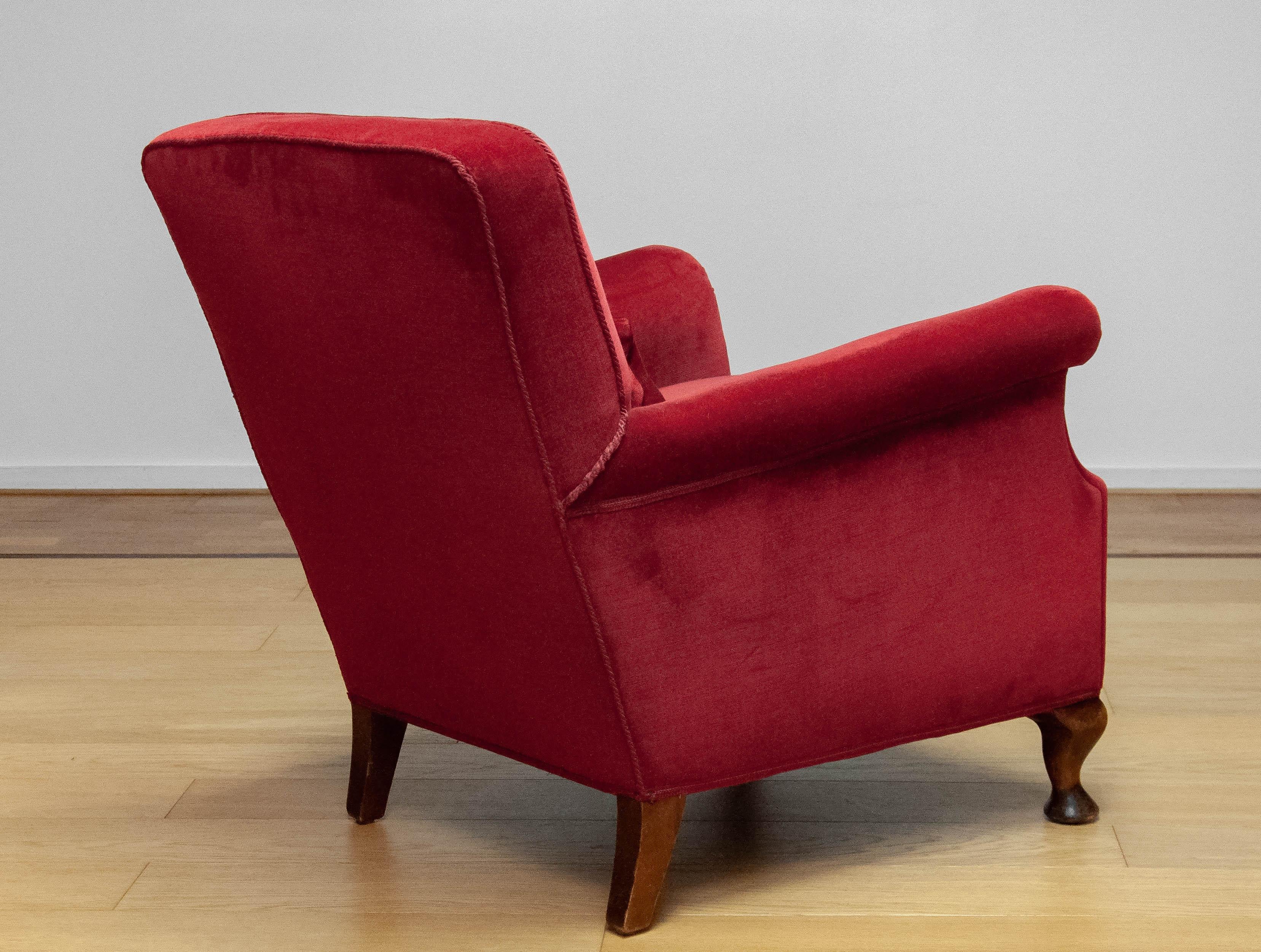 1930s Scandinavian Wine Red Velvet / Velours Lounge Chair Made In Denmark For Sale 1