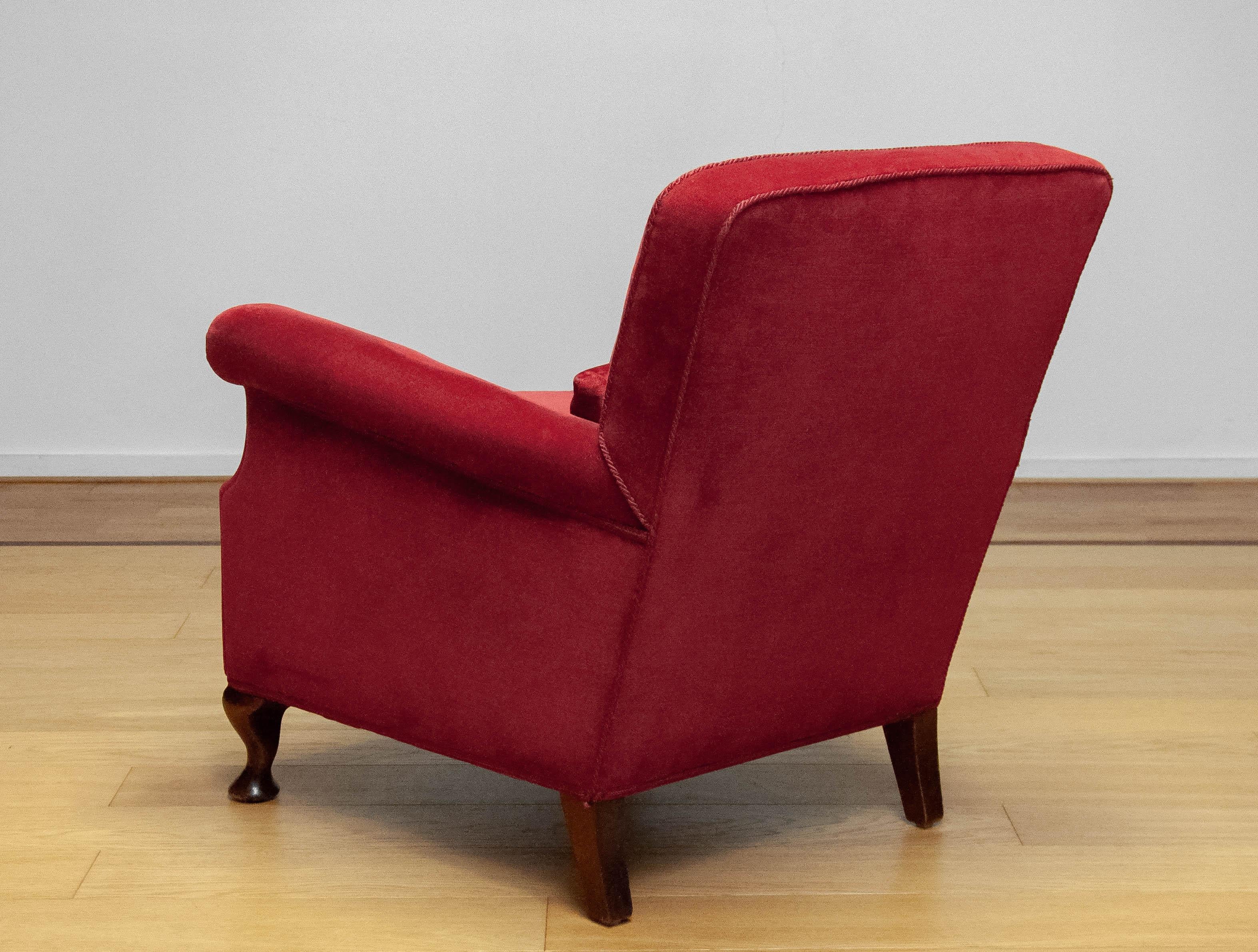 1930er Jahre Skandinavisch Weinrot Samt / Velours Lounge Chair Made In Denmark im Angebot 2
