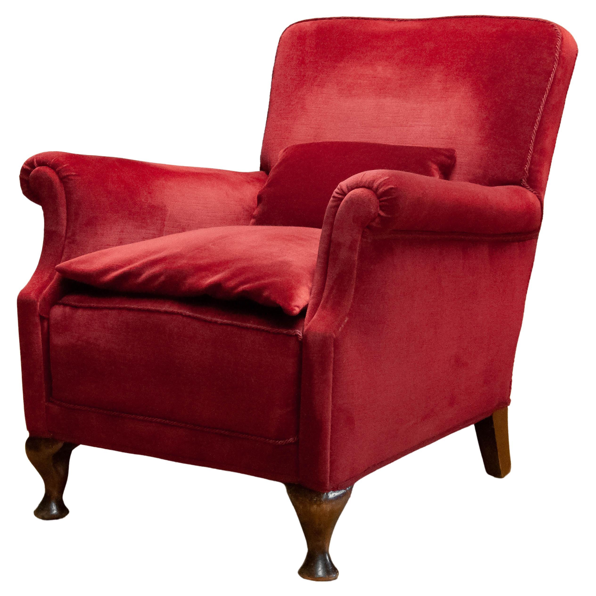 1930s Scandinavian Wine Red Velvet / Velours Lounge Chair Made In Denmark For Sale