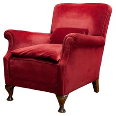 Vintage 1930s Scandinavian Wine Red Velvet / Velours Lounge Chair Made In Denmark
