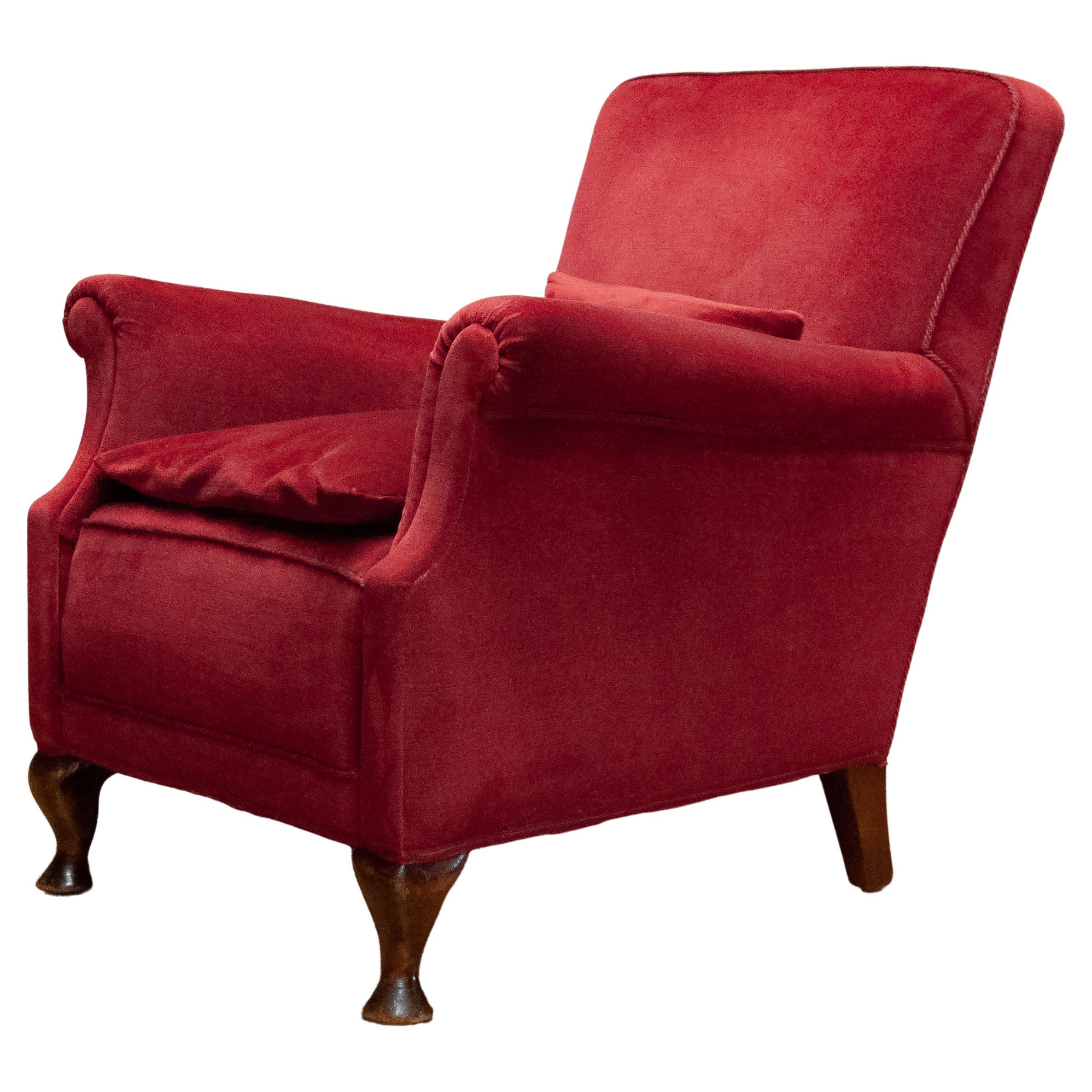 1930er Jahre Skandinavisch Weinrot Samt / Velours Lounge Chair Made In Denmark