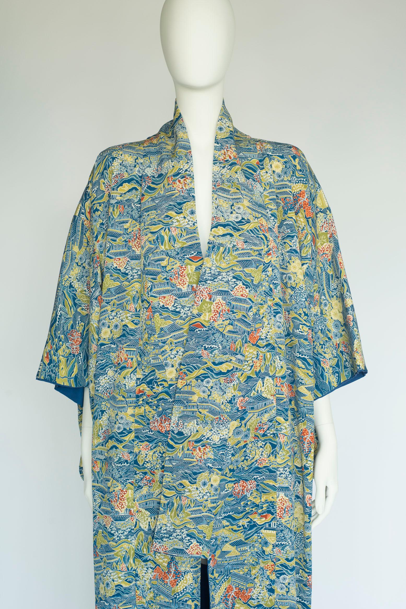 1930er Jahre Landschaftsdruck & Kimono-Mantel aus Seide (Grau) im Angebot