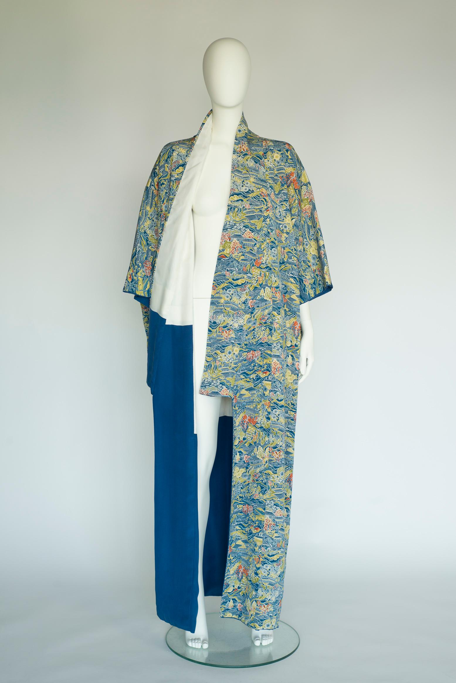 1930er Jahre Landschaftsdruck & Kimono-Mantel aus Seide im Angebot 1