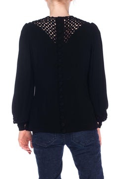 1930S SCHIAPARELLI Style Black Silk Blend Crepe Blouse With Unique Puffy Cut-Ou