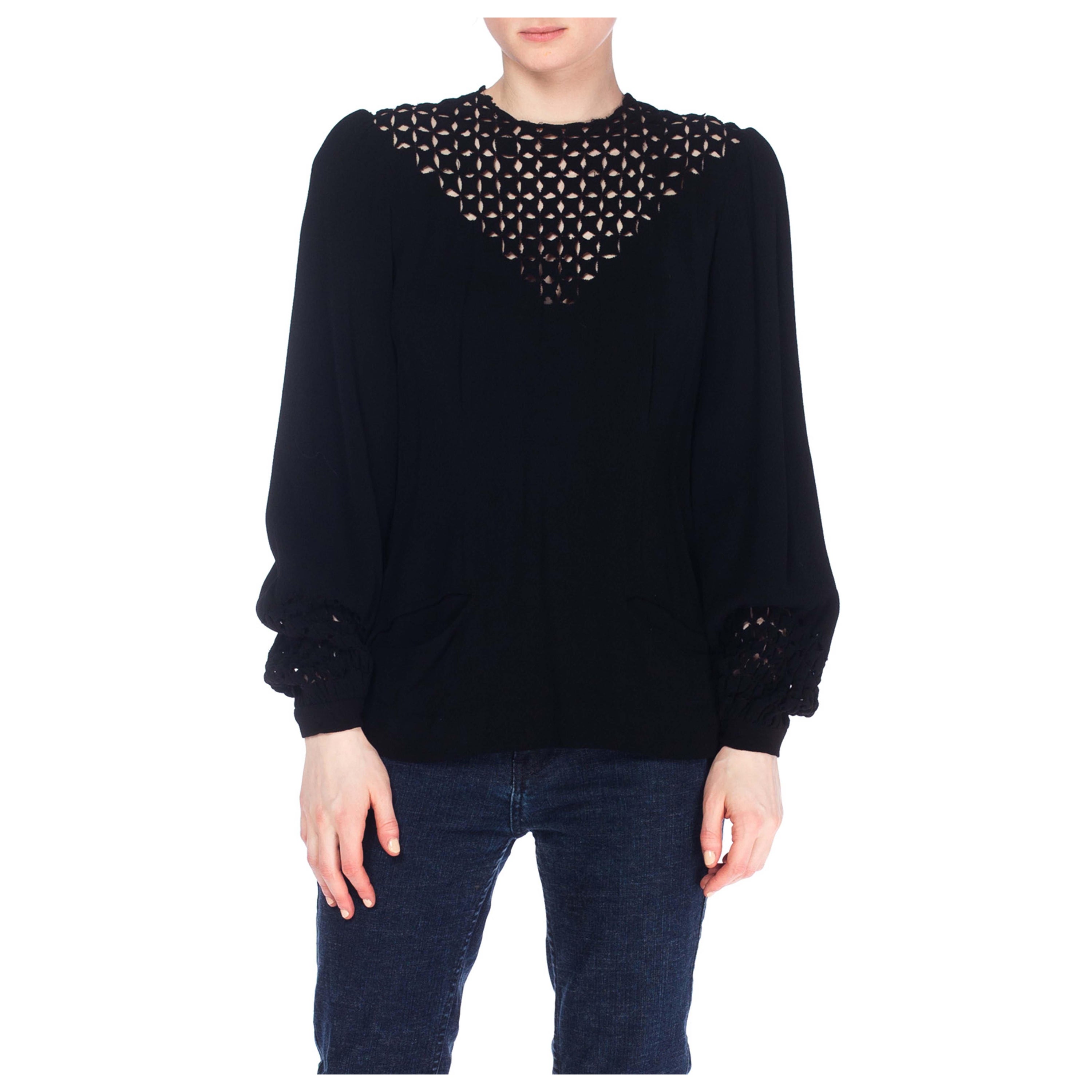 Blusa de crepé de seda negra estilo SCHIAPARELLI años 30 con corte único abullonado-Ou