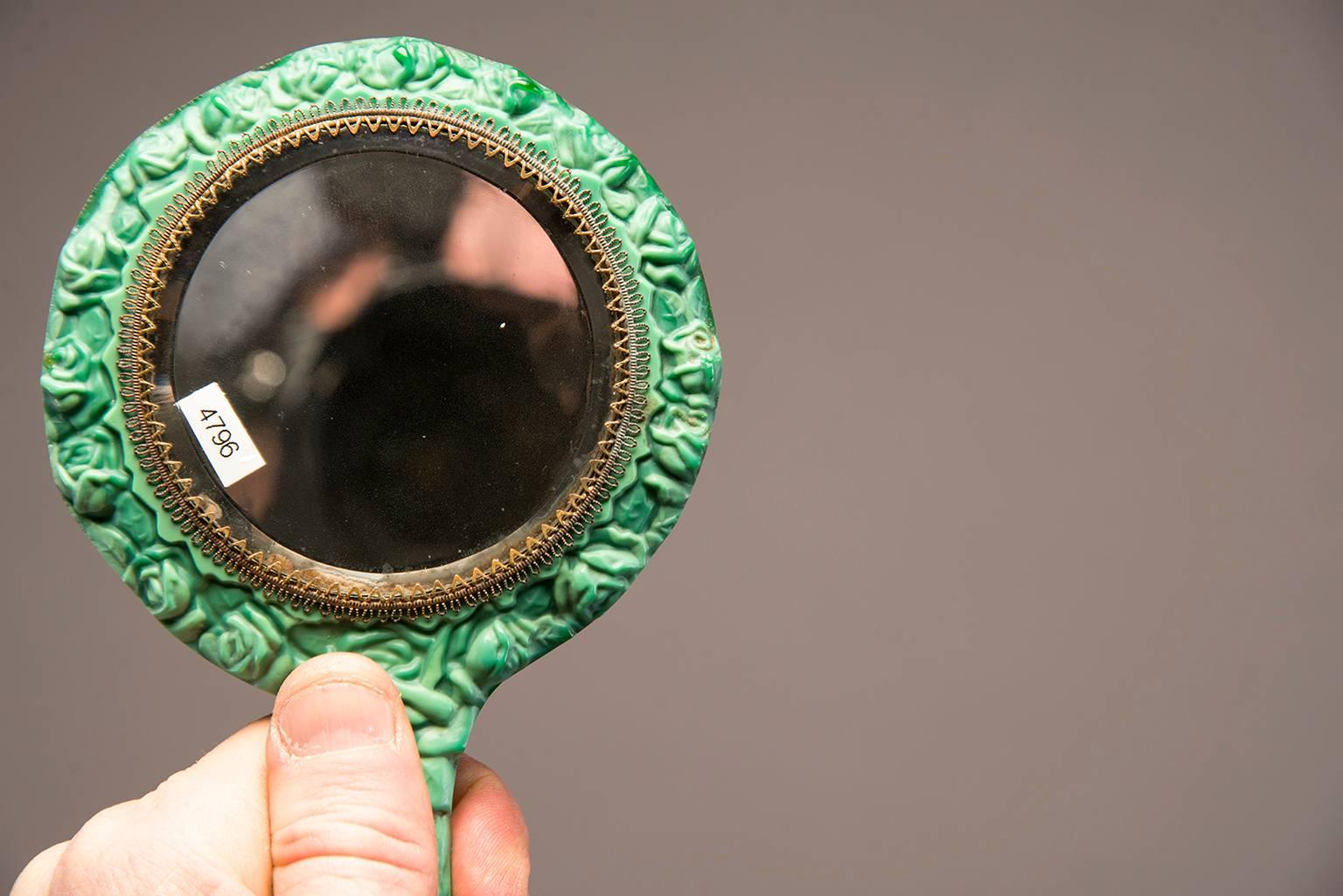 Art Deco 1930s Schlevogt Malachite Glass Hand Mirror