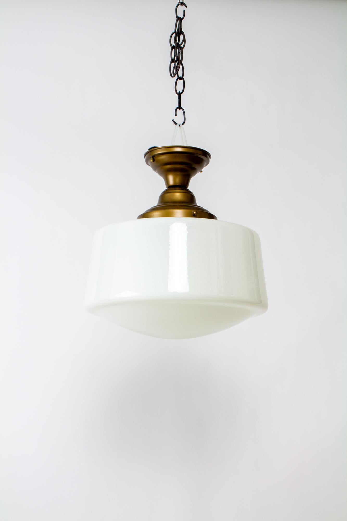 1930’s Schoolhouse Milk Glass Flush Mount Fixture In Excellent Condition For Sale In Canton, MA