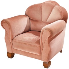 1930s Sculptural Art Deco Lounge Chair in Dusty Pink Velvet and Oak