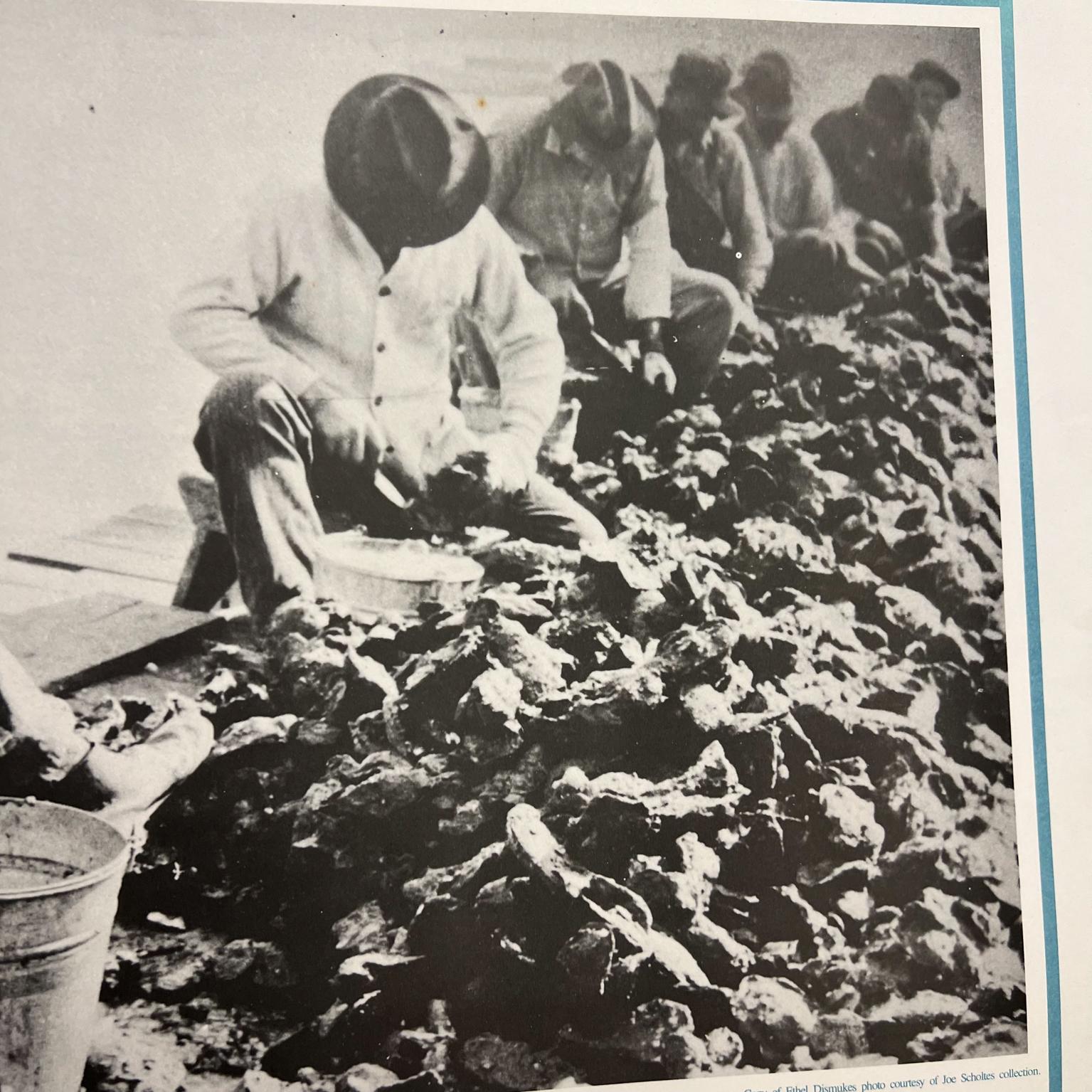 Late 20th Century 1930s Seafood Industry Museum Poster Art Shucking Oysters Biloxi Pier MS For Sale