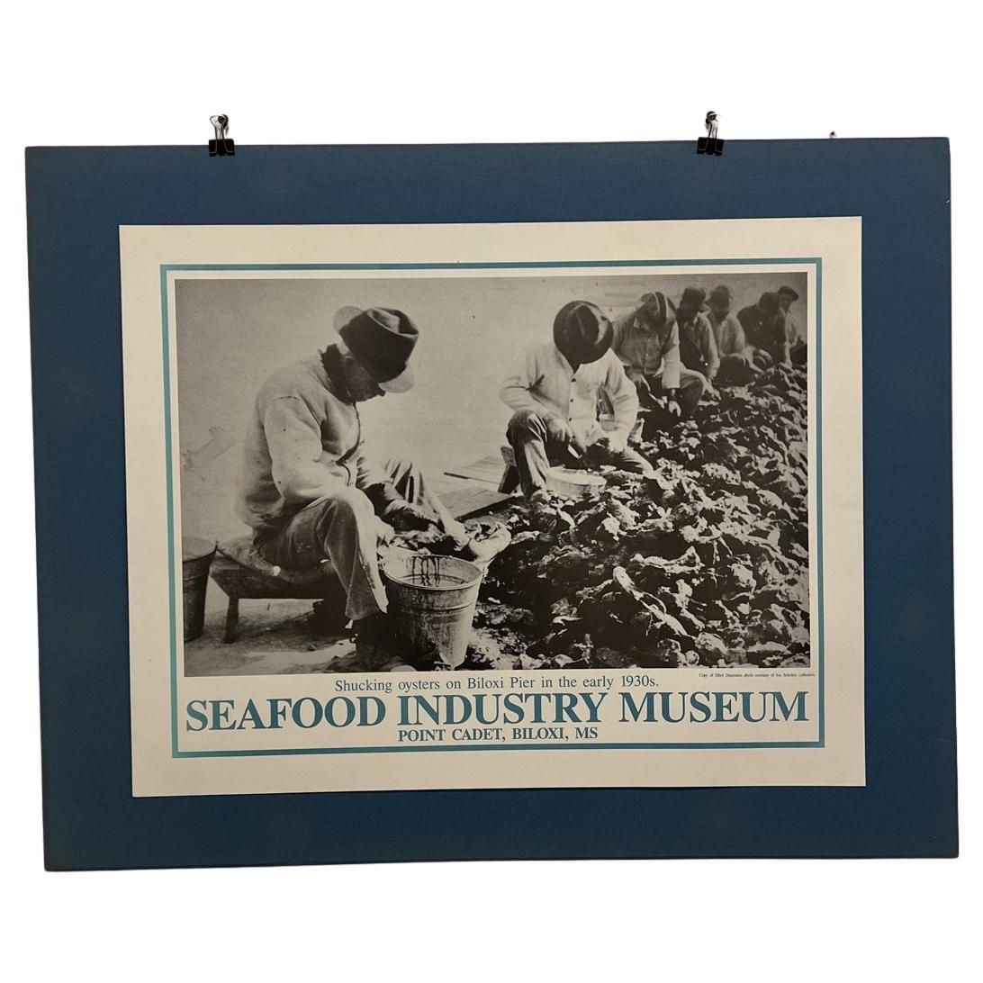 1930s Seafood Industry Museum Poster Art Shucking Oysters Biloxi Pier MS For Sale
