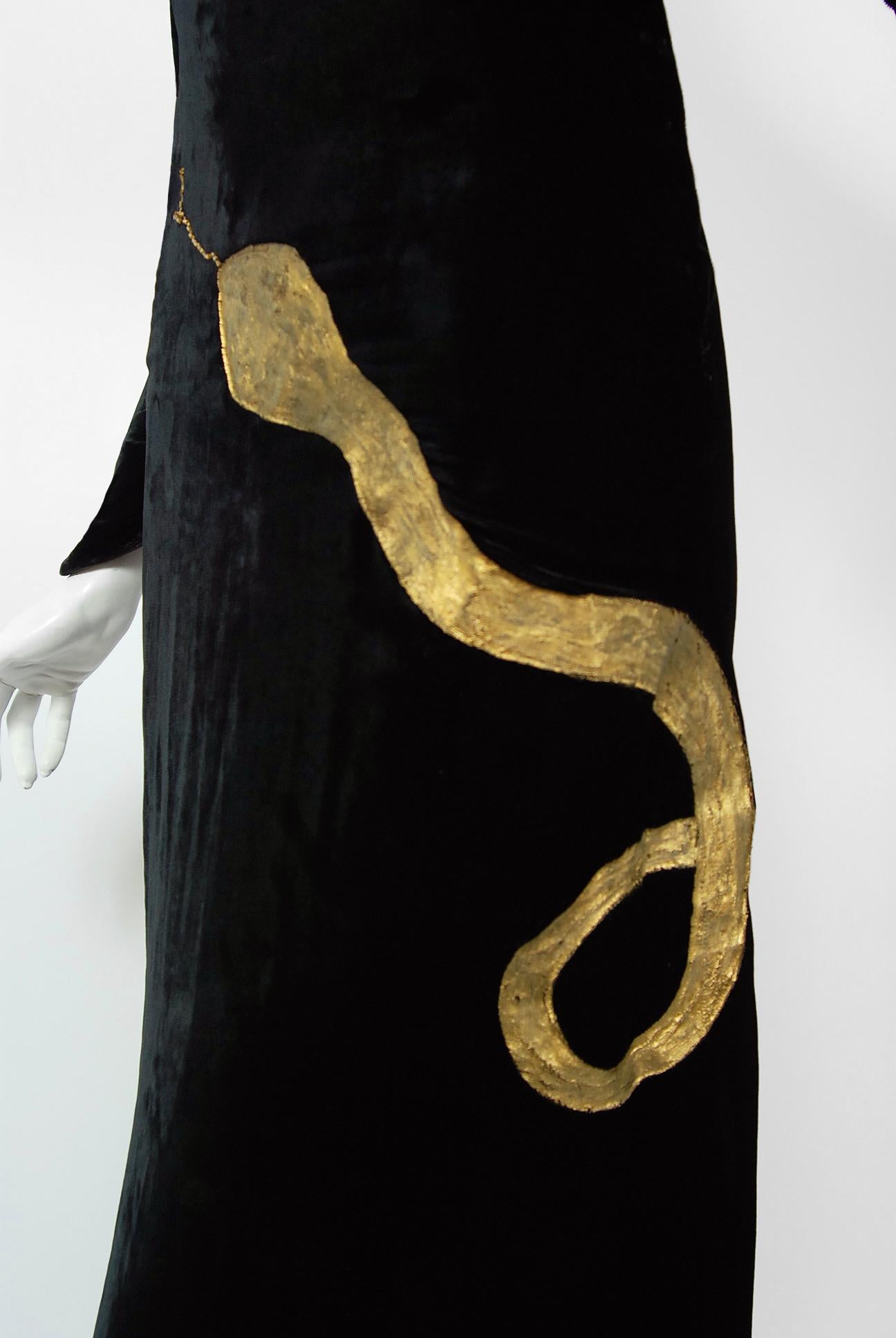 Women's 1930's Sears Autographed Fashions Hand-Painted Gold Snake Black Velvet Gown   