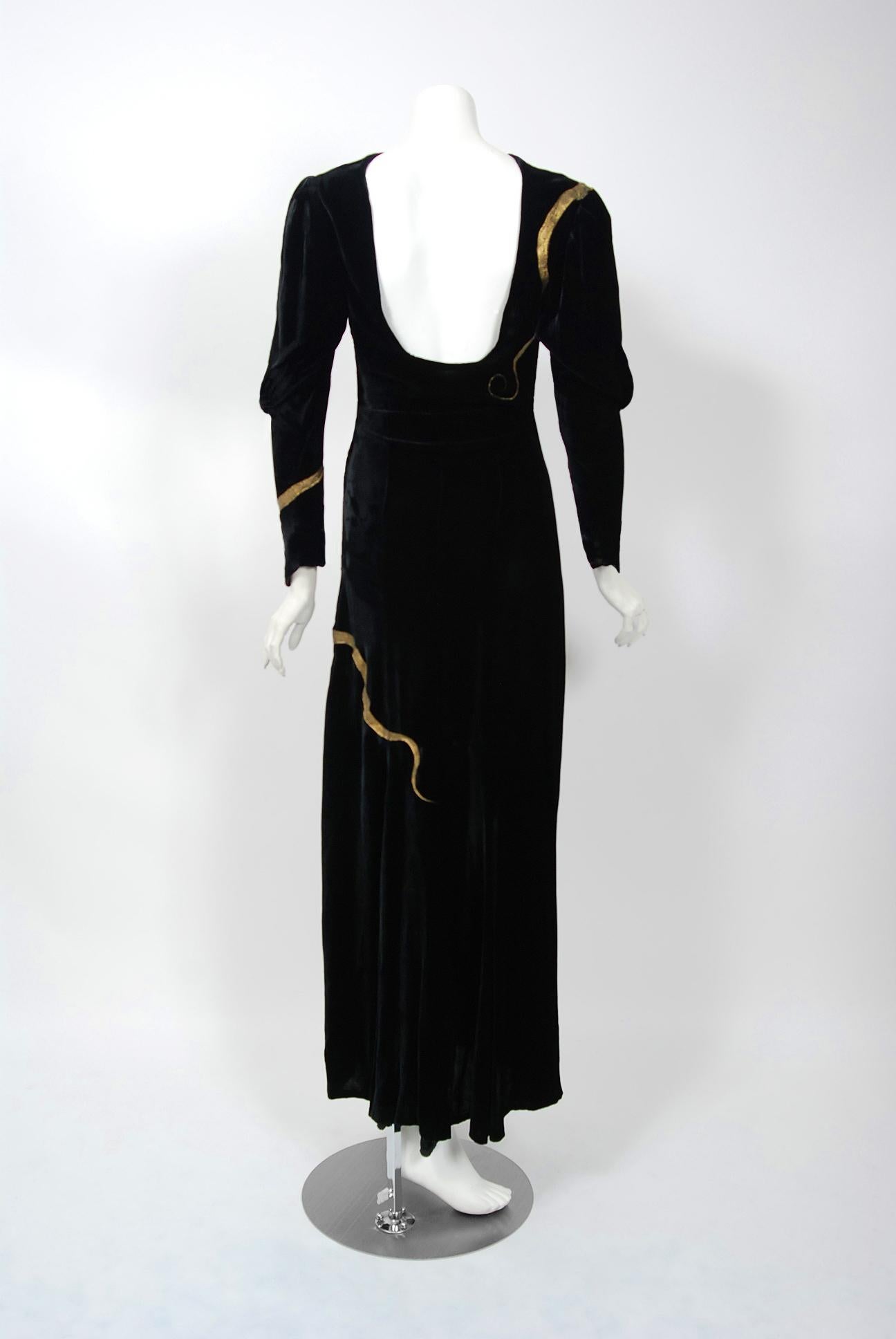 1930's Sears Autographed Fashions Hand-Painted Gold Snake Black Velvet Gown    2