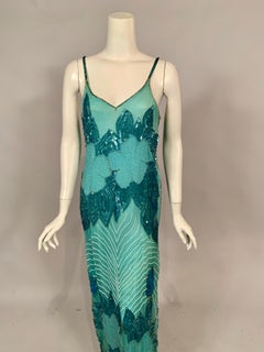1930's Sequin and Beaded Blue Silk Chiffon Evening Dress