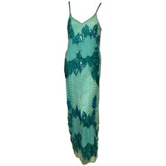 1930's Sequin and Beaded Blue Silk Chiffon Evening Dress
