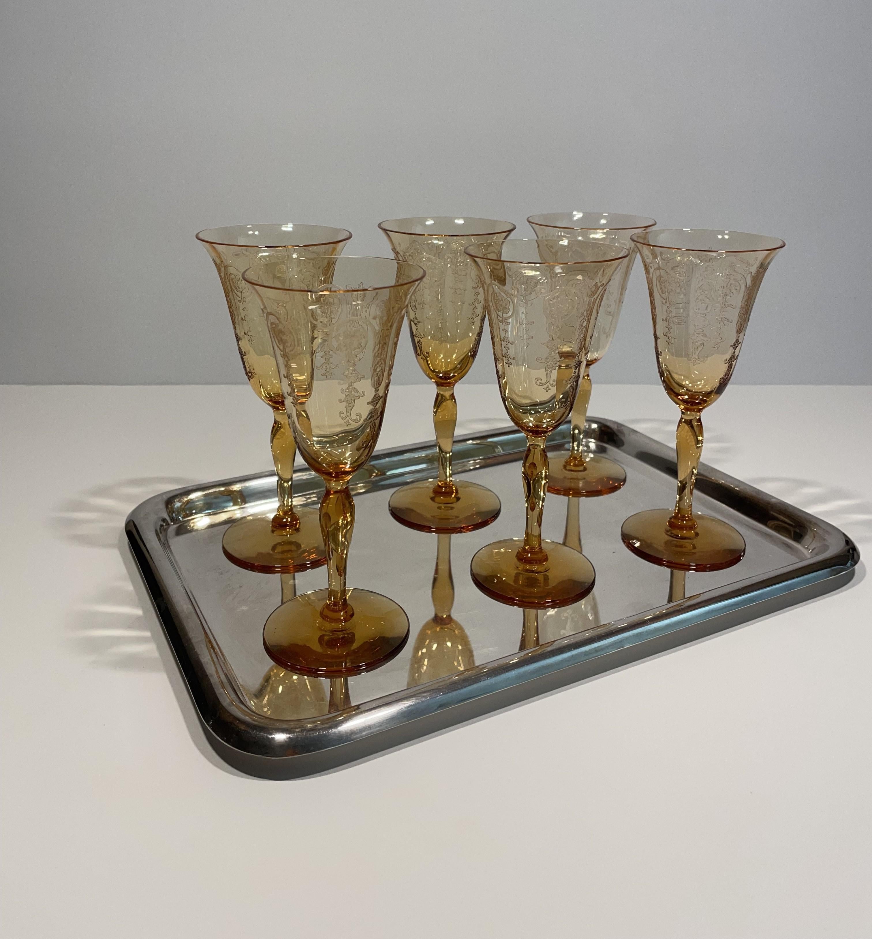 American Empire 1930s Set of 6 Amber Crystal Aperitif Glasses with Silver-Plate Drinks Tray For Sale