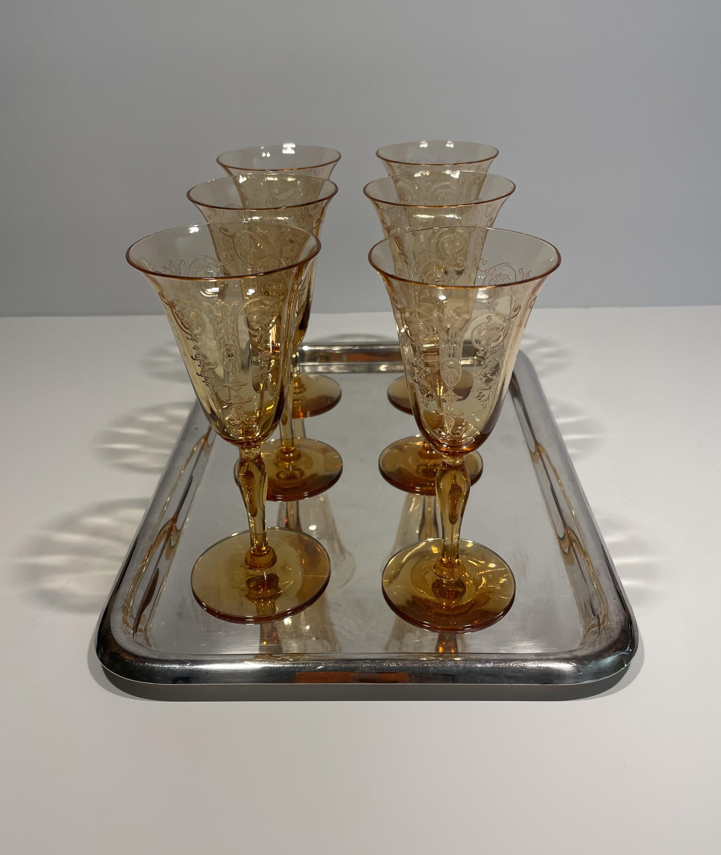 French 1930s Set of 6 Amber Crystal Aperitif Glasses with Silver-Plate Drinks Tray For Sale