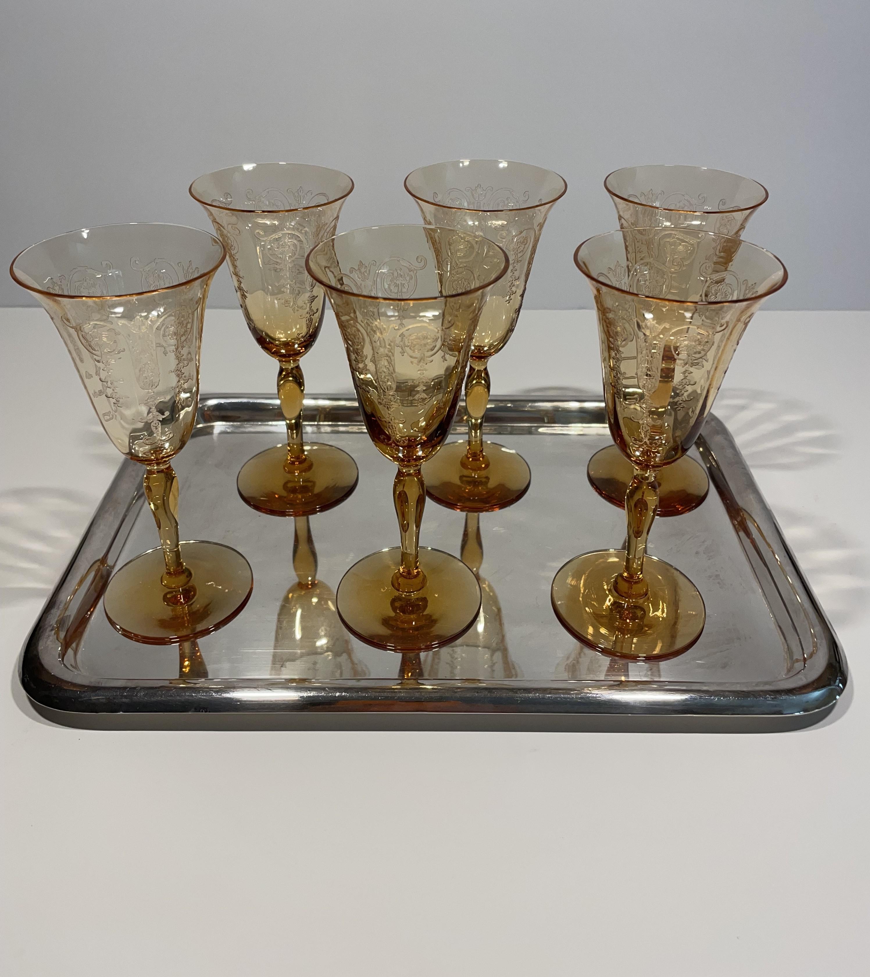 1930s Set of 6 Amber Crystal Aperitif Glasses with Silver-Plate Drinks Tray In Excellent Condition For Sale In Austin, TX