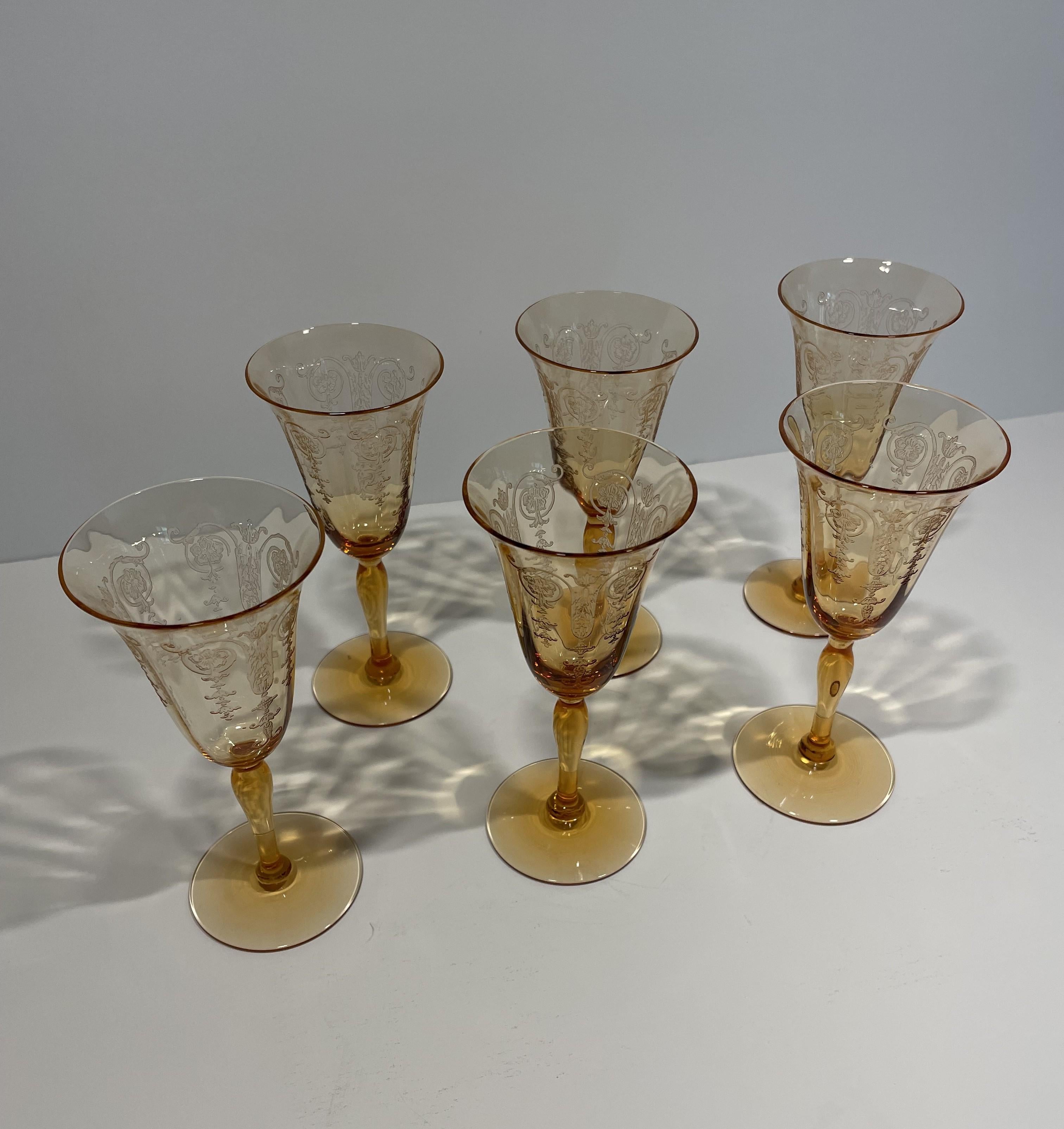 Silver Plate 1930s Set of 6 Amber Crystal Aperitif Glasses with Silver-Plate Drinks Tray For Sale