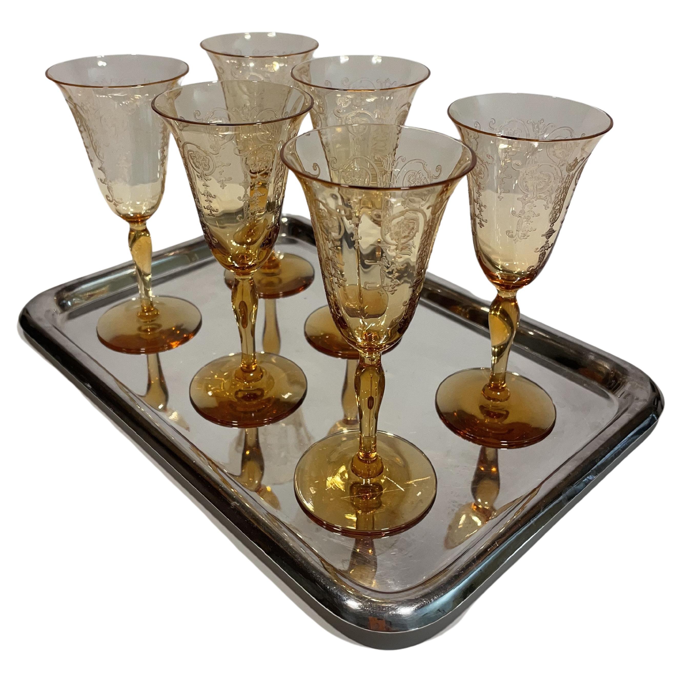 1930s Set of 6 Amber Crystal Aperitif Glasses with Silver-Plate Drinks Tray
