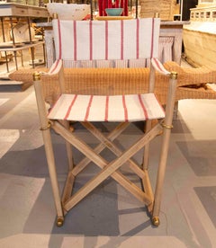 1930s Set of 6 director's Chairs in Light Wood with Red Striped Canvas