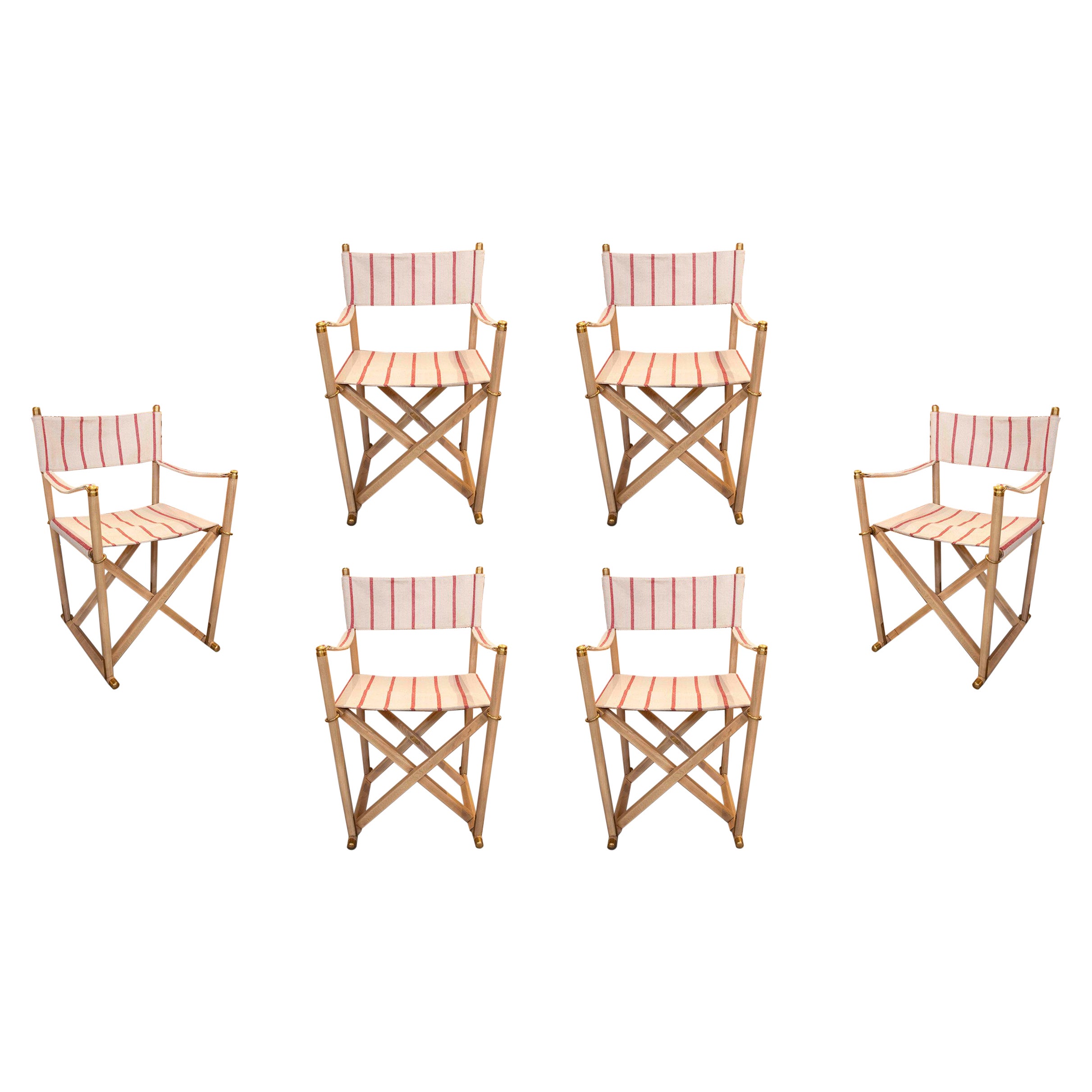 1930s Set of 6 director
s Chairs in Light Wood with Red Striped Canvas
