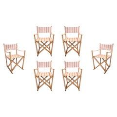 1930s Set of 6 director
s Chairs in Light Wood with Red Striped Canvas