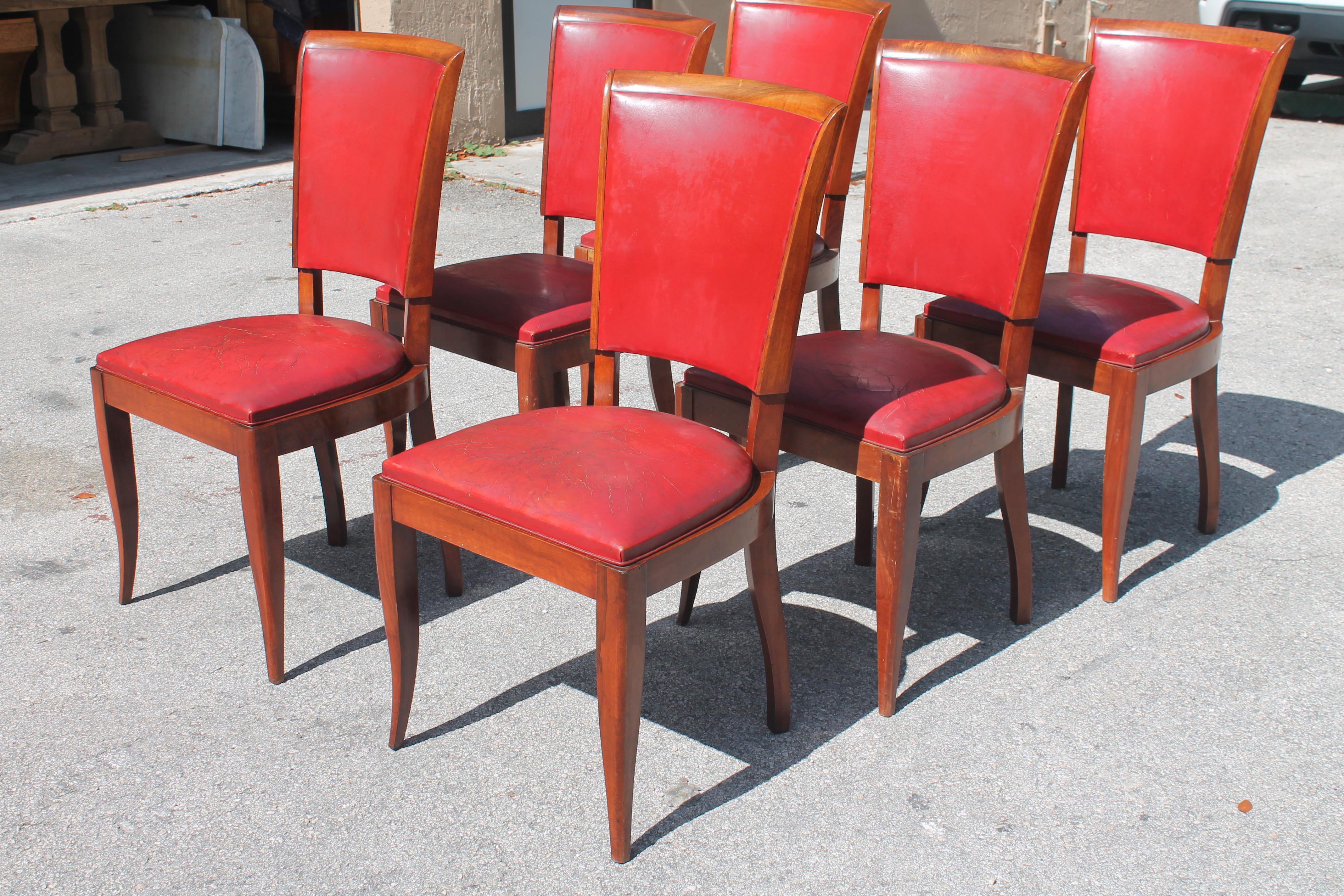 Mid-20th Century 1930's Set of 6 French Art Deco Medium Toned Dining Chairs style Jules Leleu For Sale