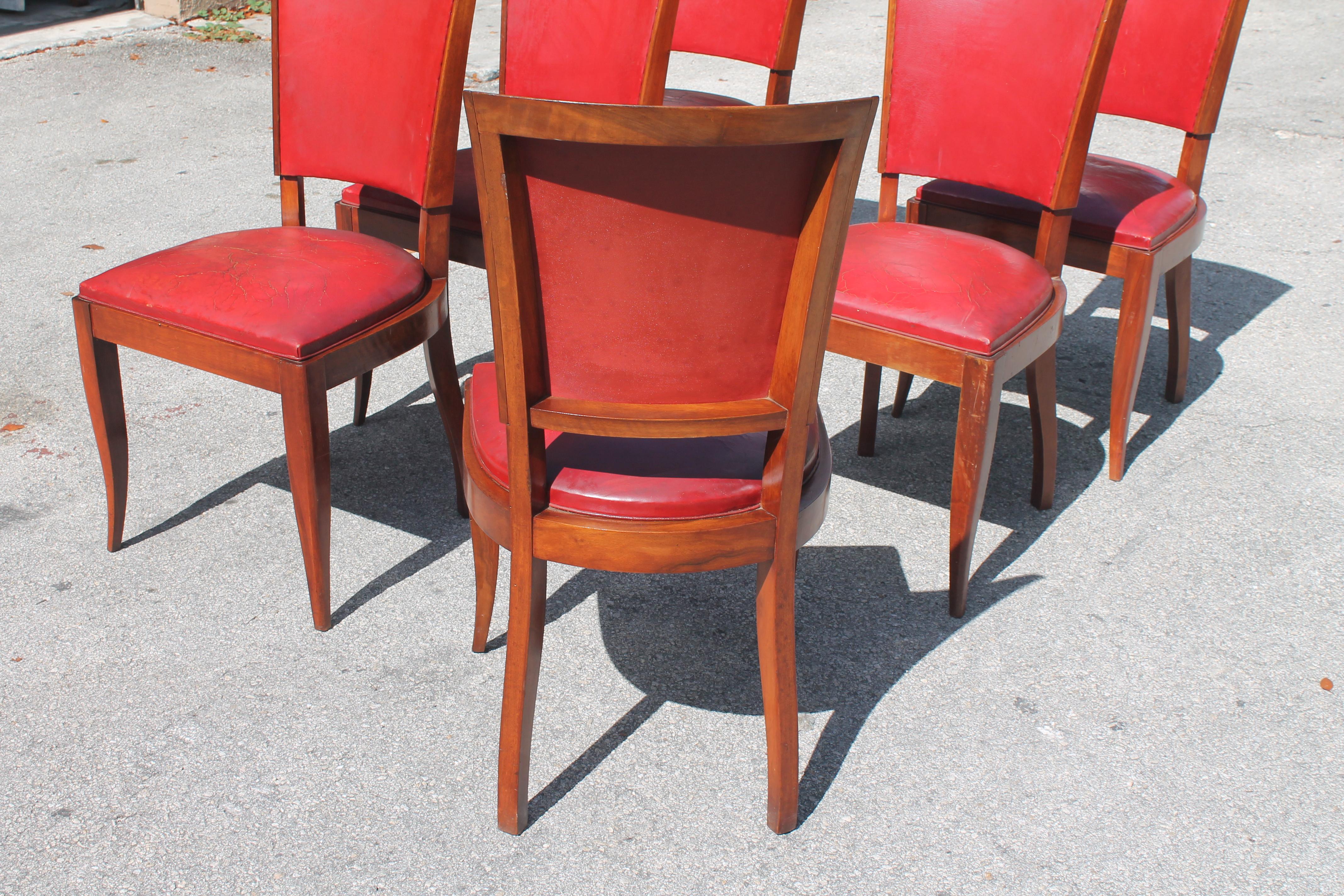 1930's Set of 6 French Art Deco Medium Toned Dining Chairs style Jules Leleu For Sale 1