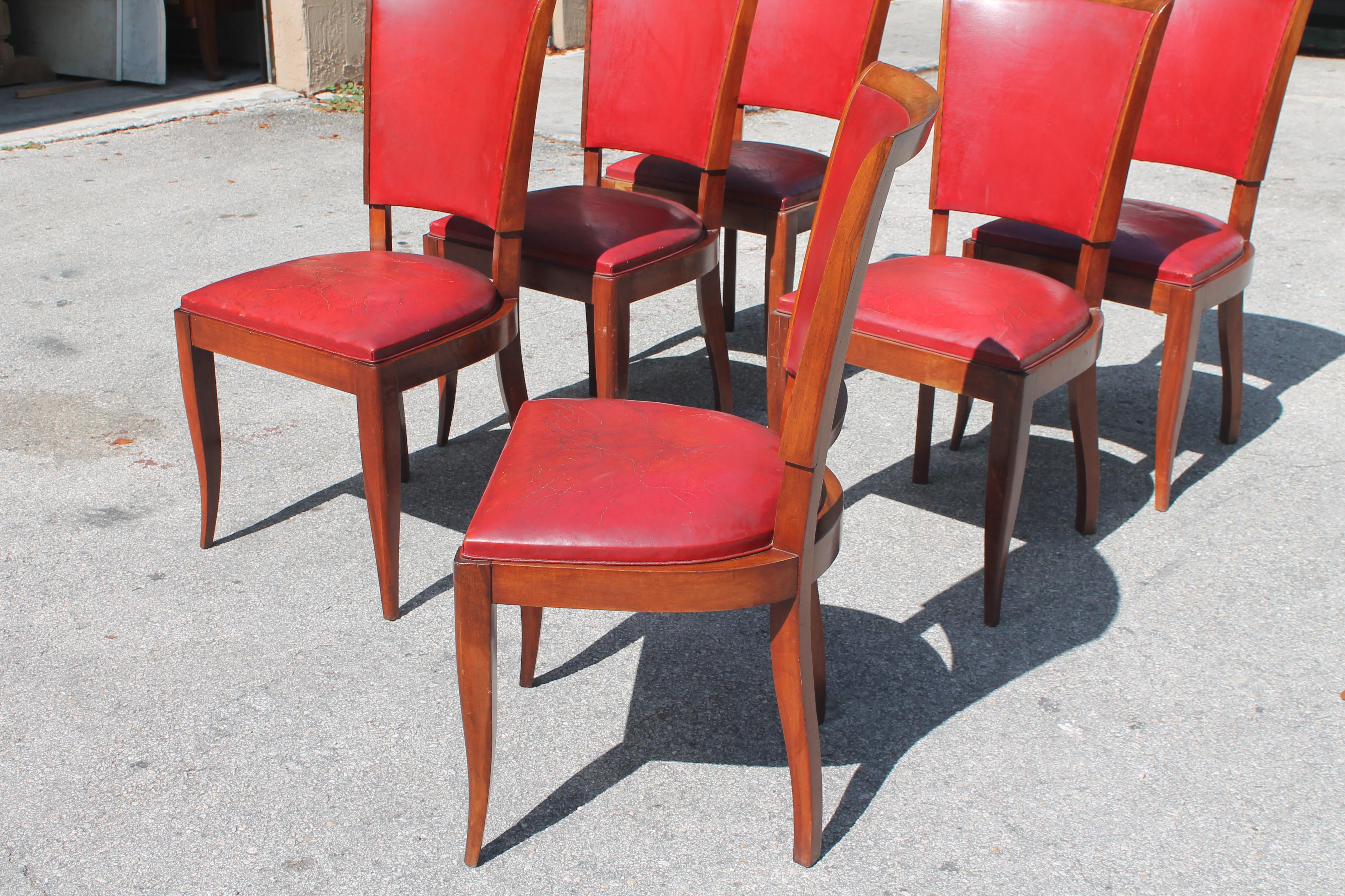 1930's Set of 6 French Art Deco Medium Toned Dining Chairs style Jules Leleu For Sale 2