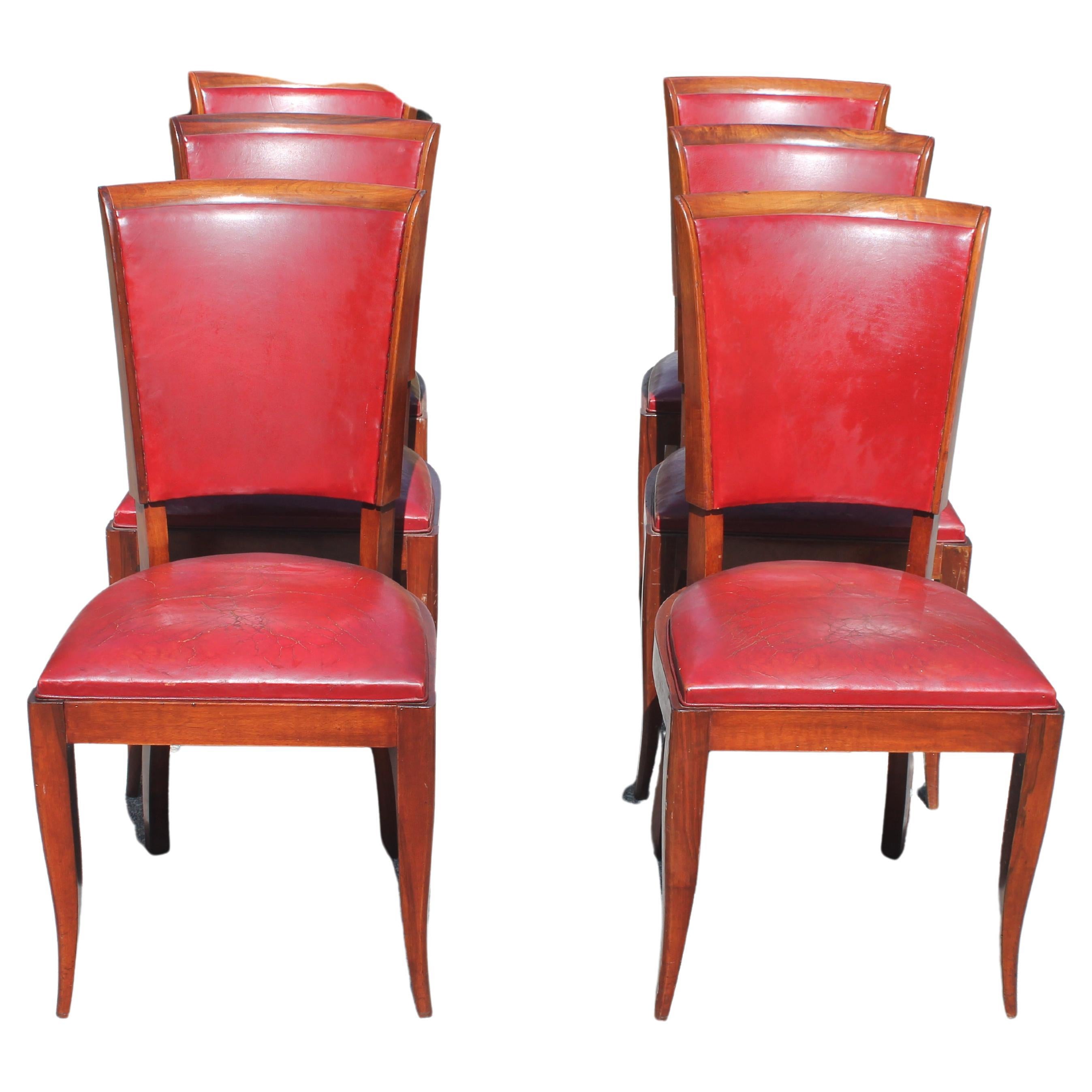 1930's Set of 6 French Art Deco Medium Toned Dining Chairs style Jules Leleu For Sale