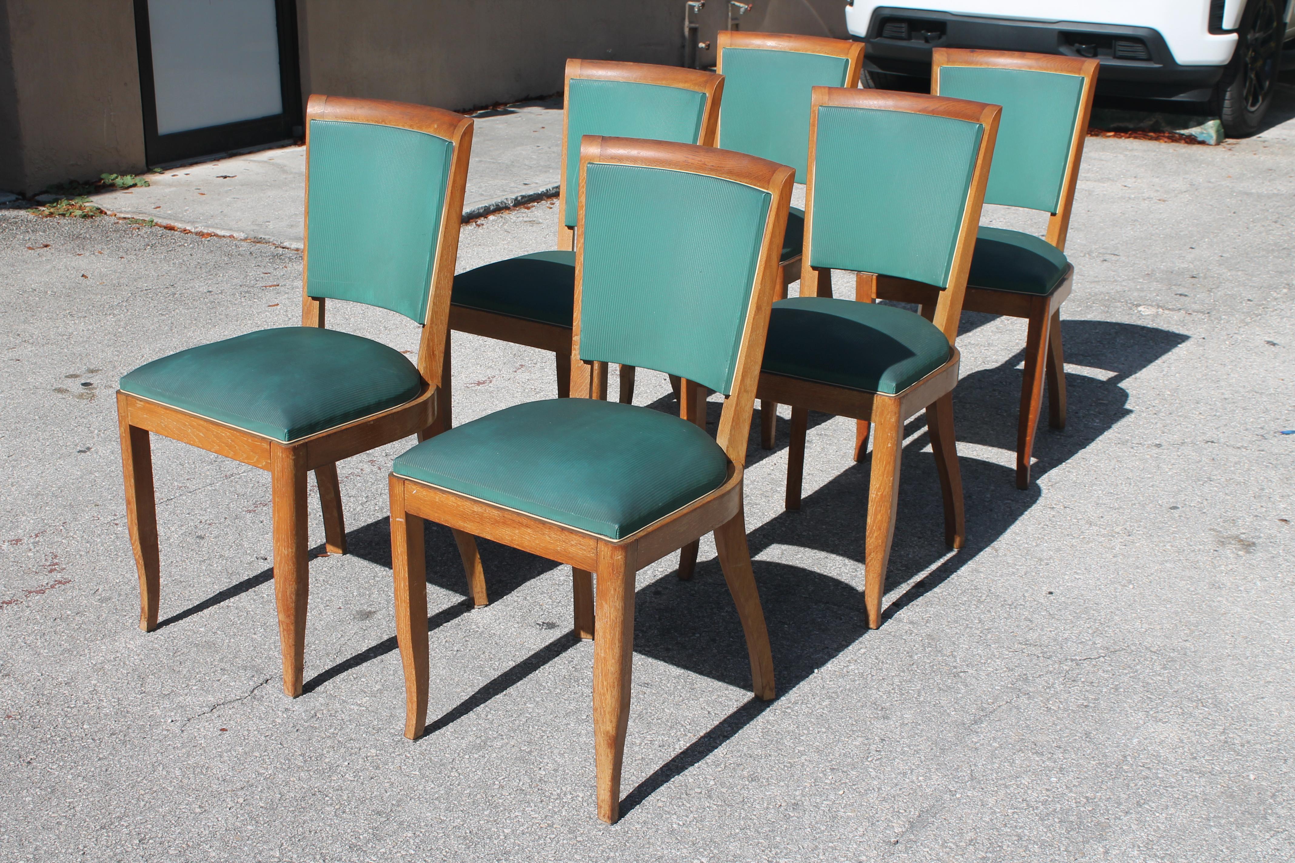 1930's Set of 6 French Art Deco Medium Wood Tone Dining Chairs style Jules Leleu For Sale 2