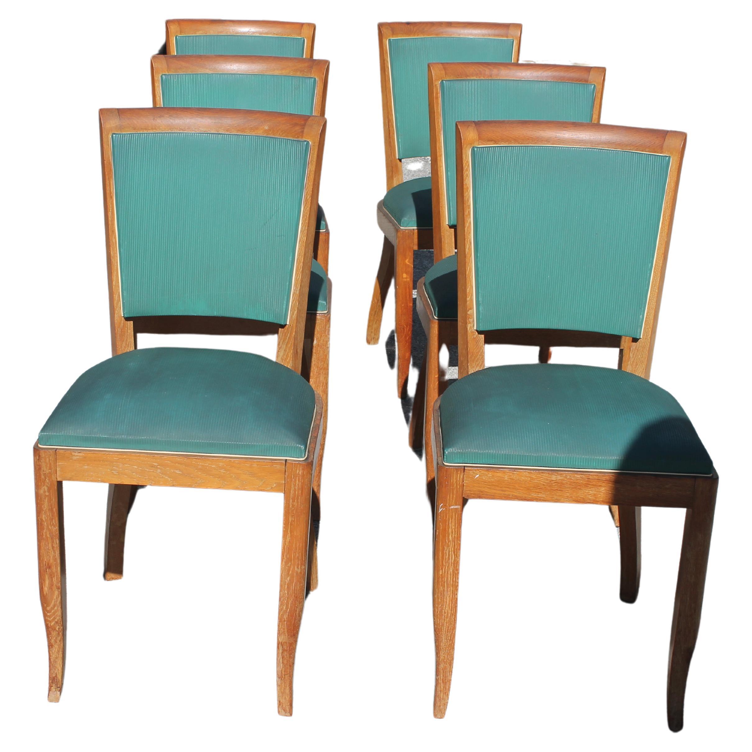 1930's Set of 6 French Art Deco Medium Wood Tone Dining Chairs style Jules Leleu For Sale