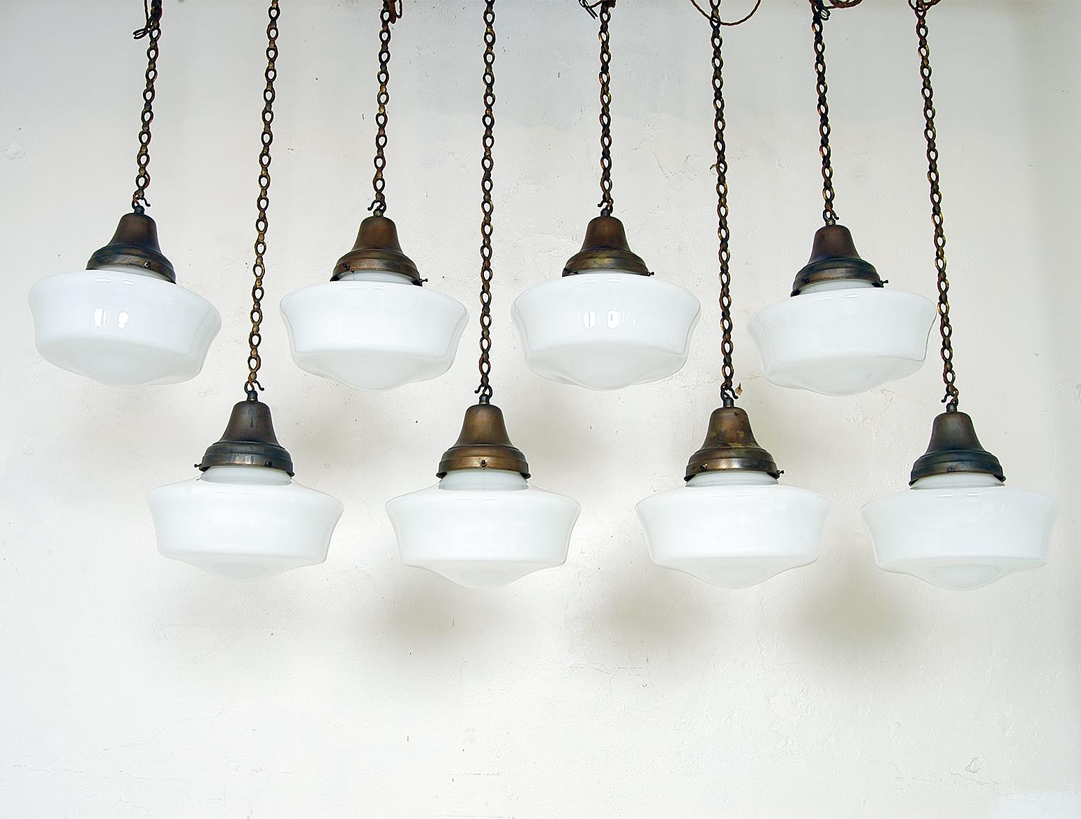 British 1930 Set of 8 White Opaline Glass Copper Brass Chapel Lights Industrial Art Deco