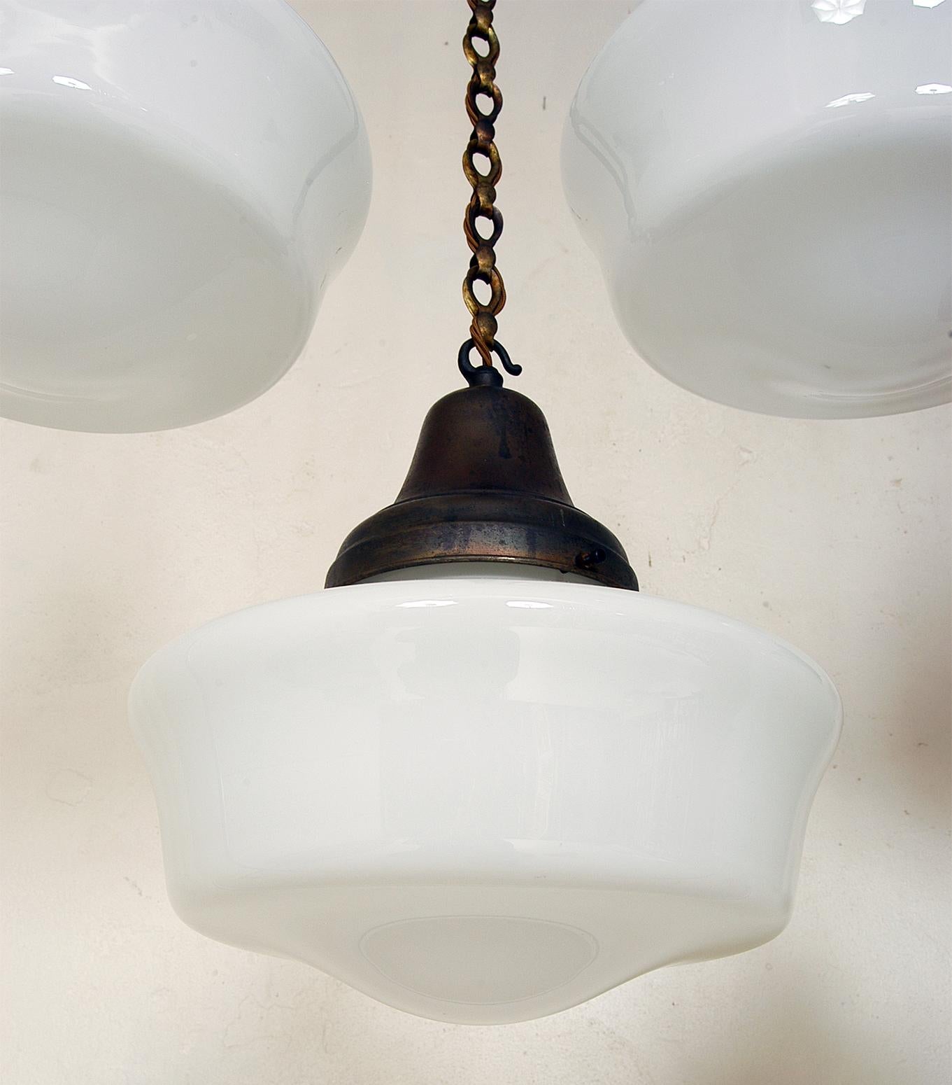 1930 Set of 8 White Opaline Glass Copper Brass Chapel Lights Industrial Art Deco 1