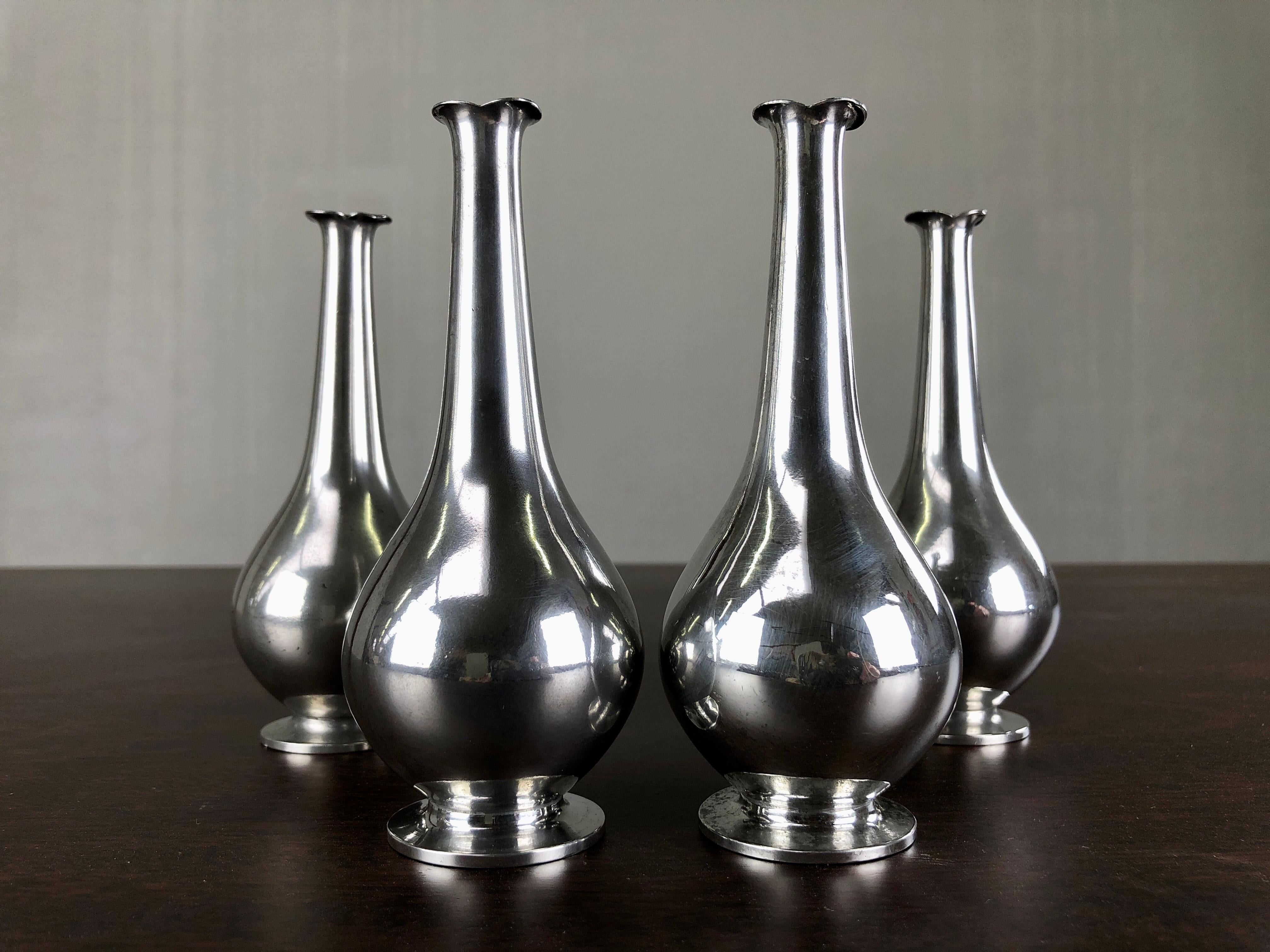 1930s Set of Four Danish Just Andersen Art Deco Pewter Vases In Good Condition For Sale In Knebel, DK